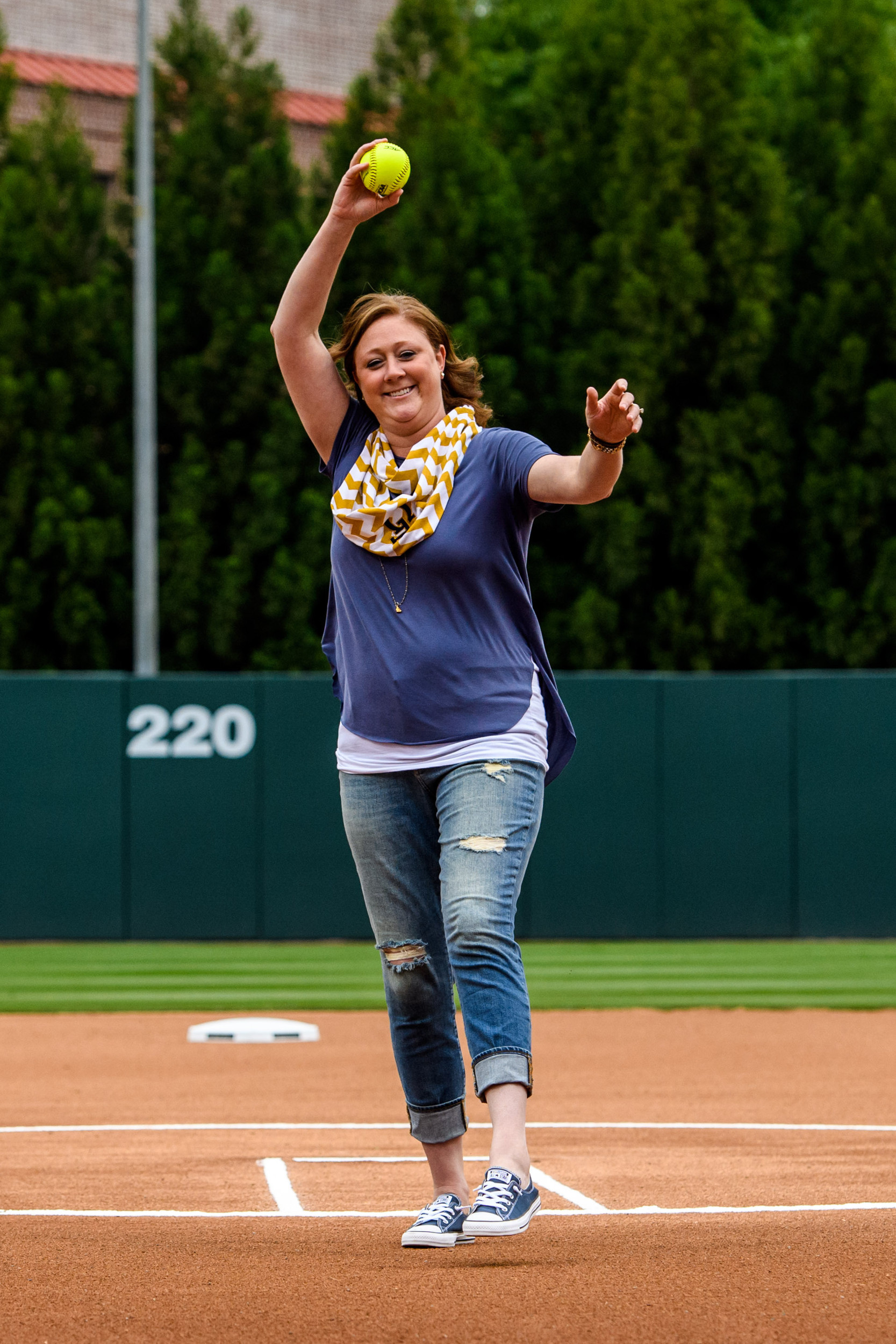 Former Yellow Jacket great Jessica Sallinger Cole threw out the first pitch