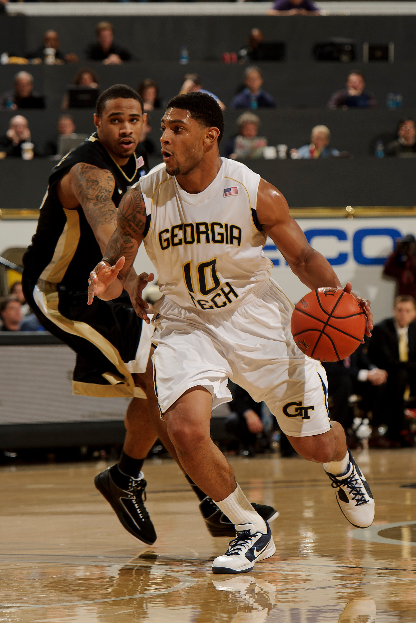 Jan 19, 2011; Atlanta, GA, USA; Georgia Tech Yellow Jackets guard Lance Storrs (10) drives against against the Wake Forest Demon Deacons during the second half at Alexander Memorial Coliseum. Georgia Tech defeated Wake Forest 74-39. Mandatory Credit: Paul Abell-US PRESSWIRE