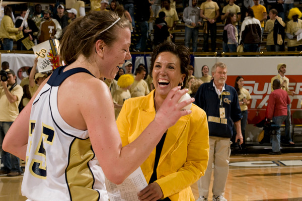 Head Coach MaChelle Joseph celebrates win over Georgia with Brigitte Ardossi