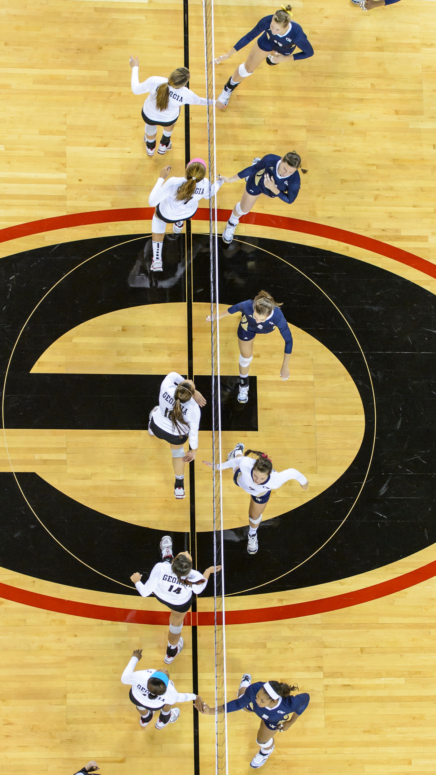 The teams greet each other at the net.