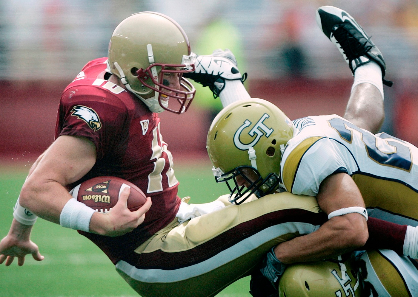 Cooper Taylor tackles Boston College quarterback Chris Crane on a carry in the second quarter. (AP Photo/Michael Dwyer)