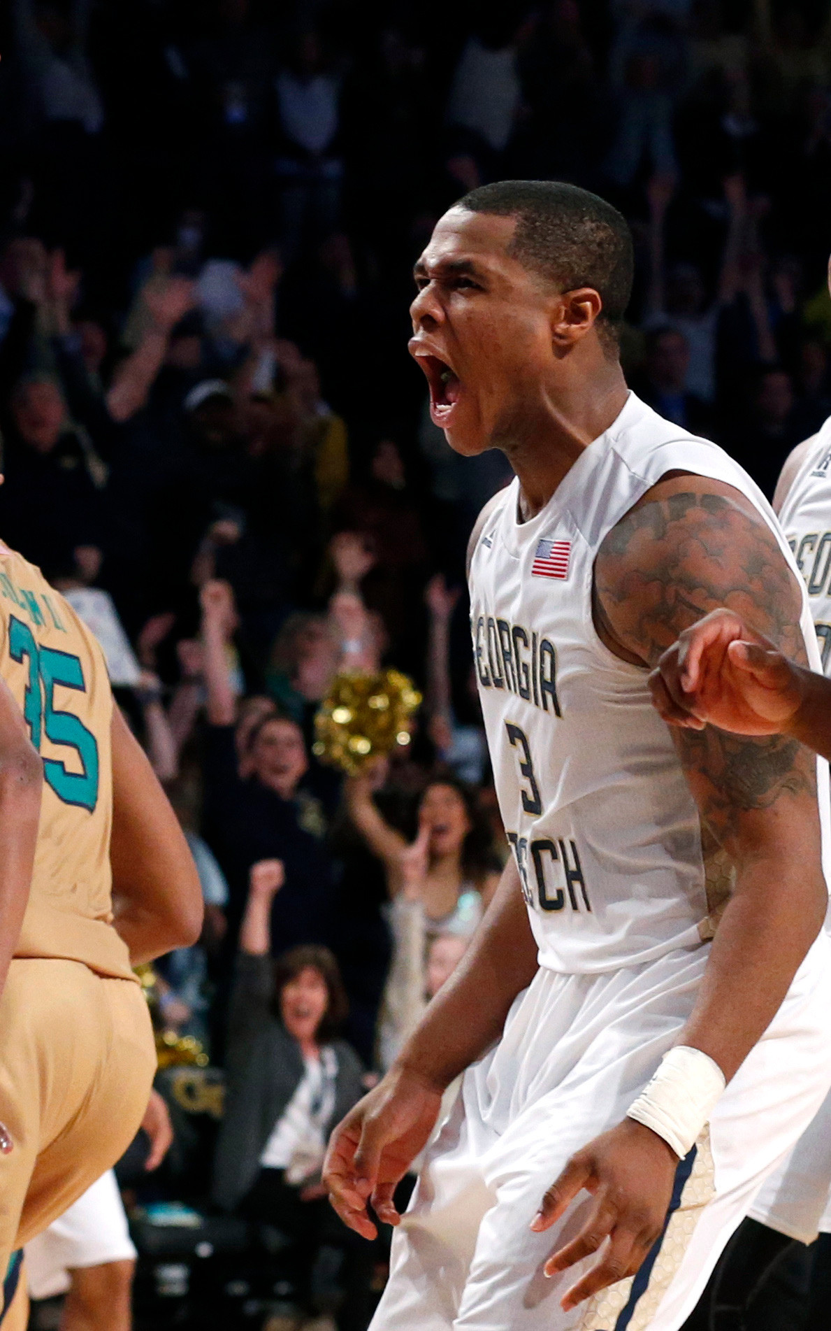 Yellow Jackets guard Marcus Georges-Hunt celebrates after scoring the game-winning basket in the second half against the Notre Dame Fighting Irish at McCamish Pavilion. Credit: Jason Getz-USA TODAY Sports