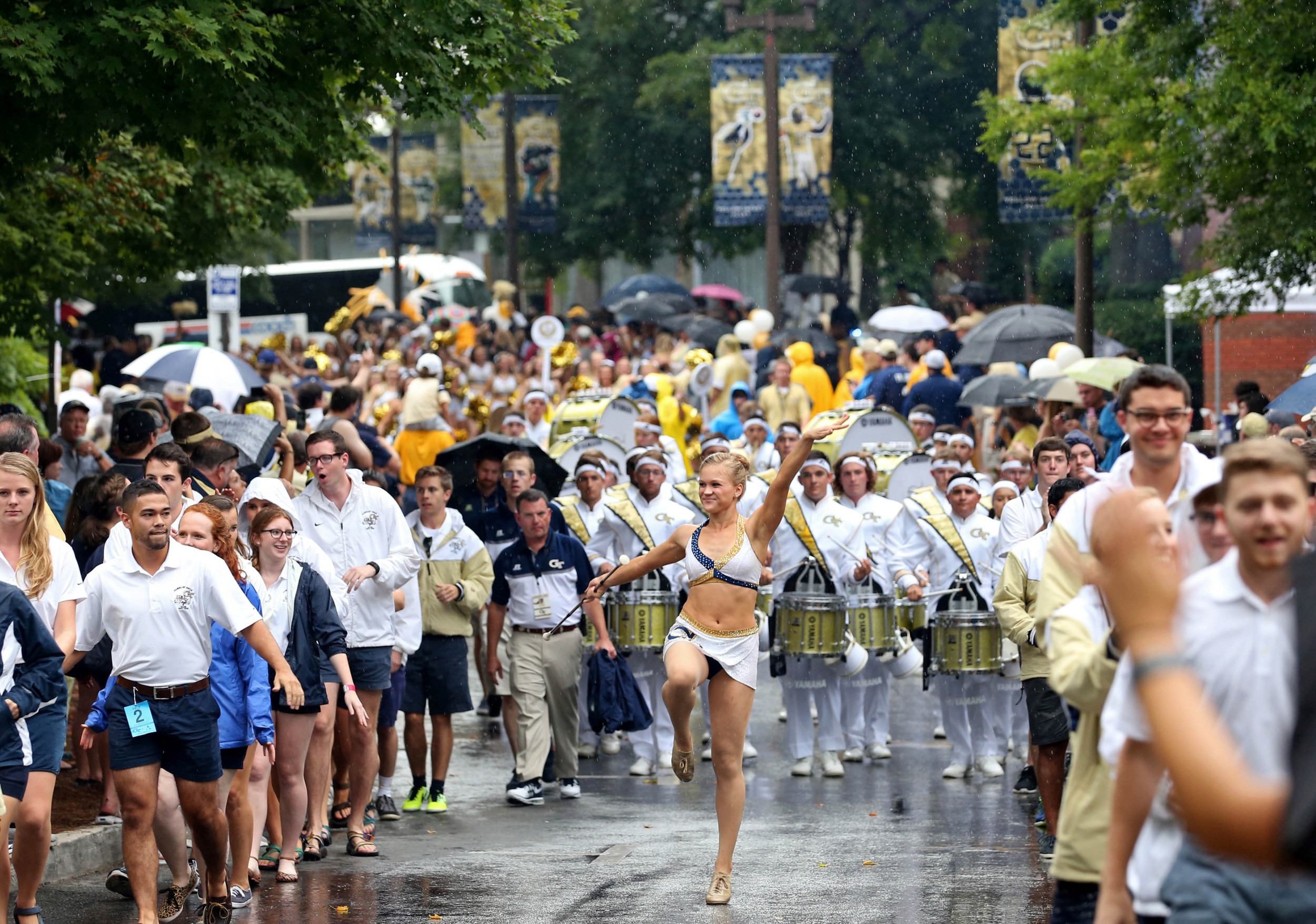 The Georgia Tech Yellow Jackets marching band walks toward Bobby Dodd Stadium before the Jackets' game against Alcorn State. Credit: Jason Getz-USA TODAY Sports