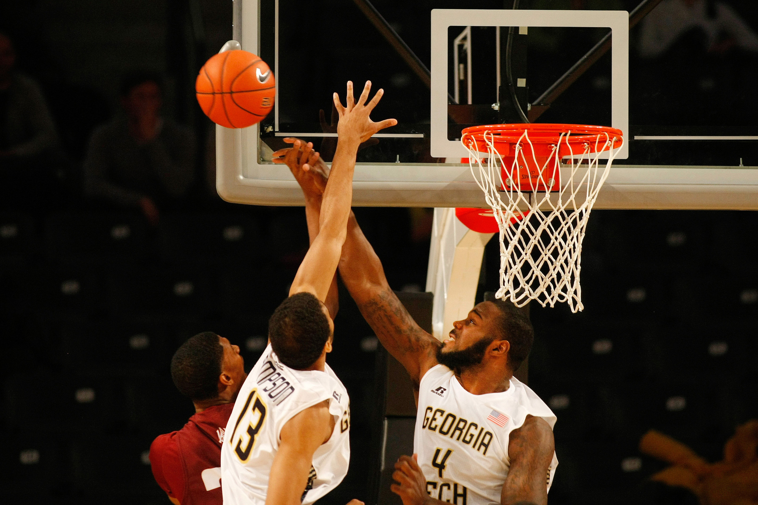 Nov 18, 2014; Atlanta, GA, USA; Yellow Jackets center Demarco Cox (4) blocks a shot in the first half. Brett Davis-USA TODAY Sports