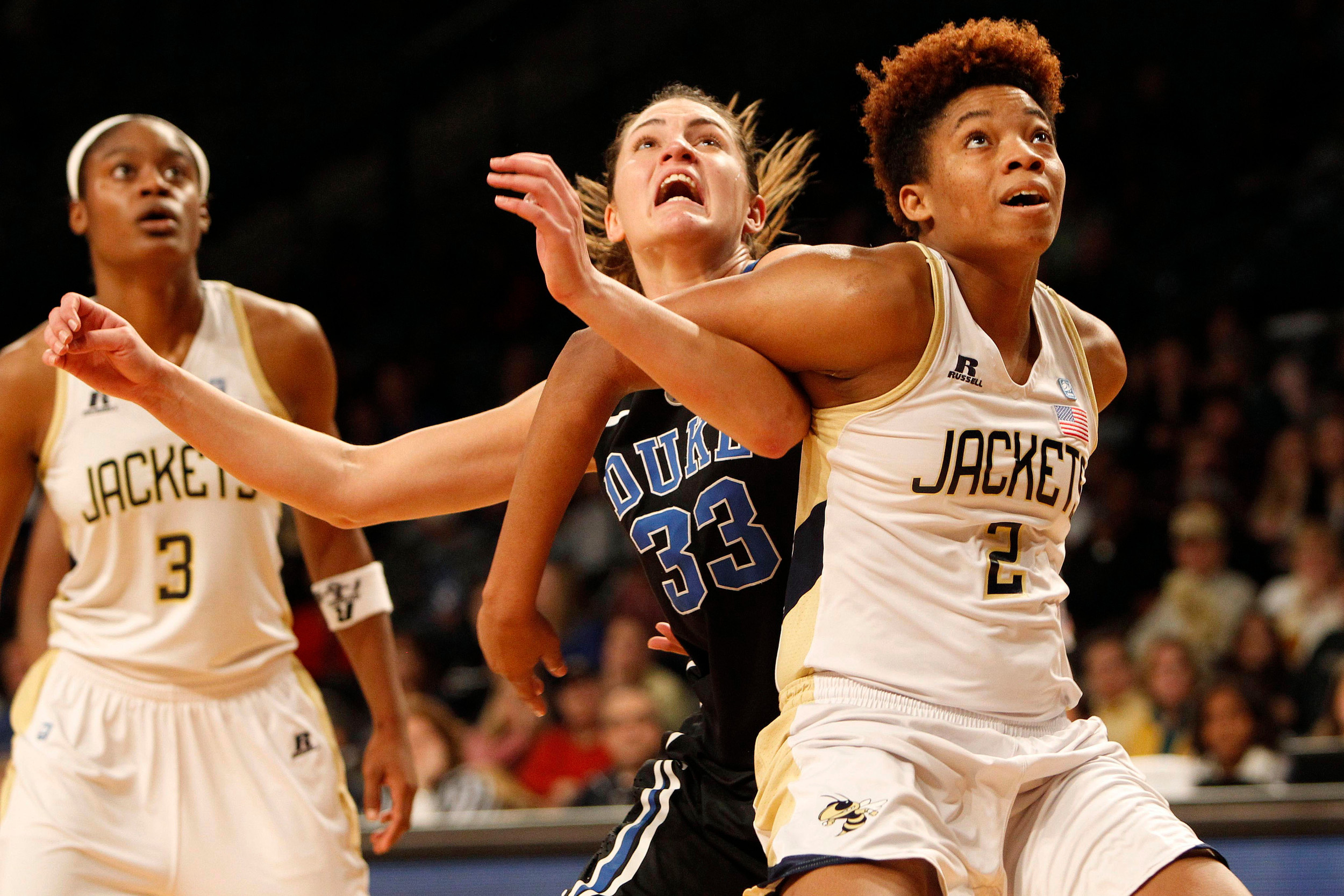 Jan 5, 2014; Atlanta, GA, USA; Yellow Jackets guard/forward Aaliyah Whiteside (2) defends Duke Blue Devils forward Haley Peters (33) in the first half. Brett Davis-USA TODAY Sports