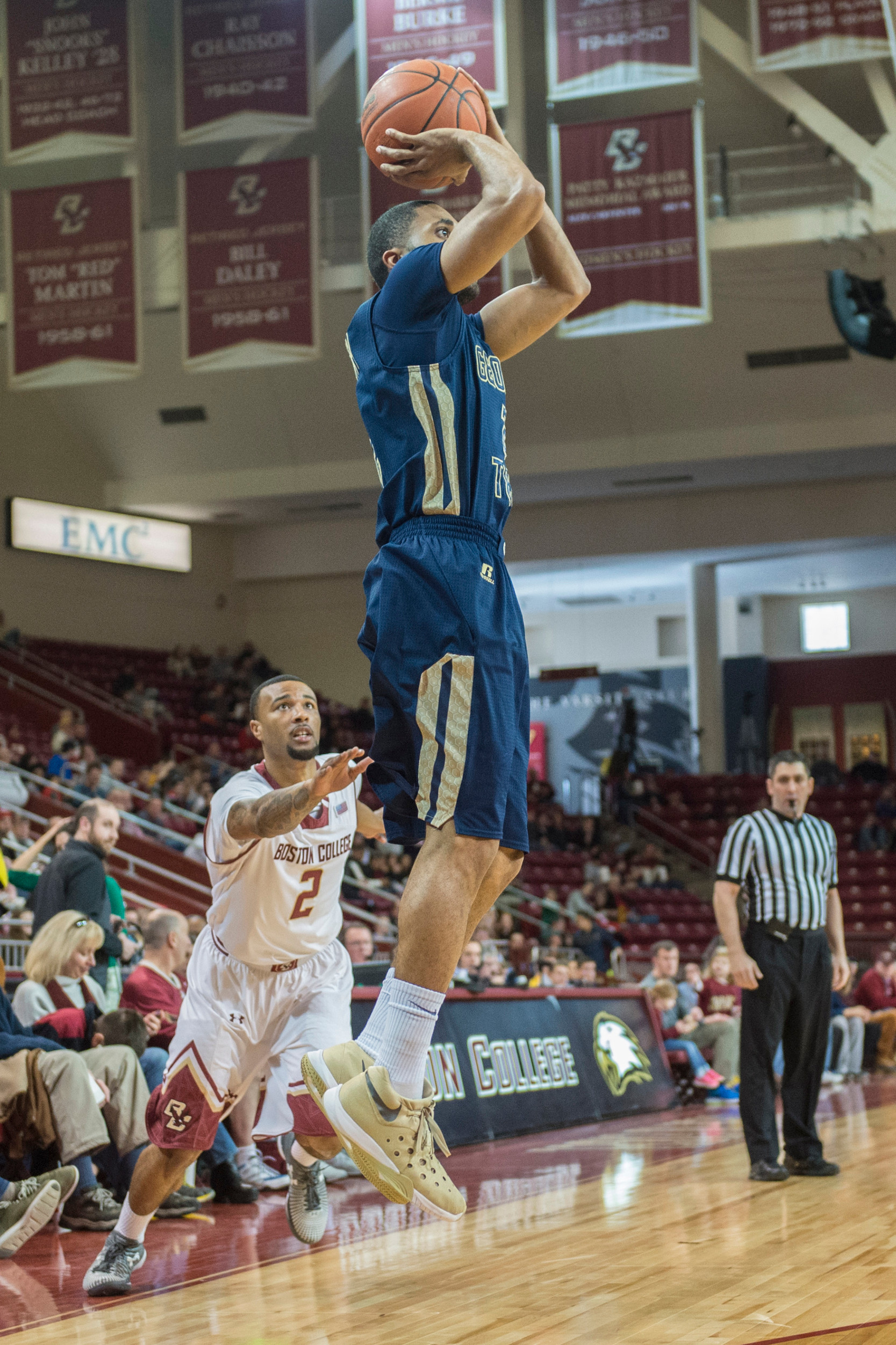 Yellow Jackets guard Adam Smith (2) shoots the ball against the Georgia Tech Yellow Jackets during the 1st half of the game at Silvio O. Conte Forum. Credit: Gregory J. Fisher-USA TODAY Sports