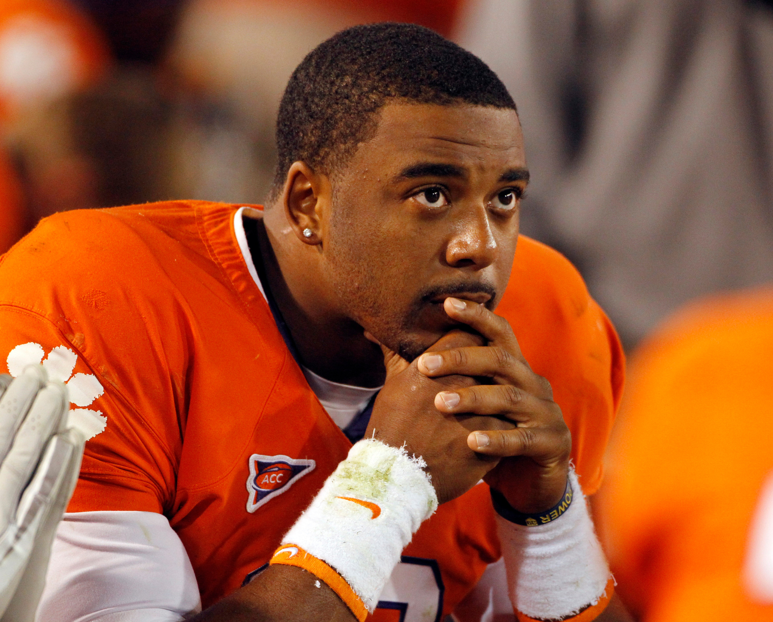 Clemson quarterback Tajh Boyd sits on the bench in the final moments of their 31-17 loss to Georgia Tech . (AP Photo/John Bazemore)