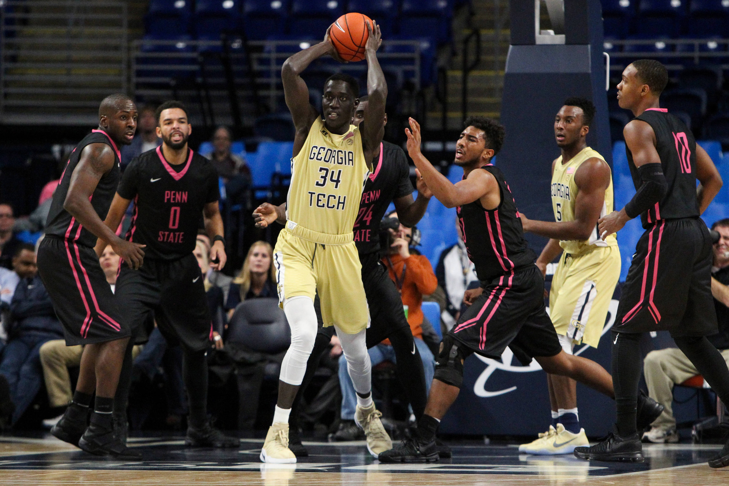Yellow Jackets forward Abdoulaye Gueye (34) looks to pass the ball during the first half. Matthew O'Haren-USA TODAY Sports