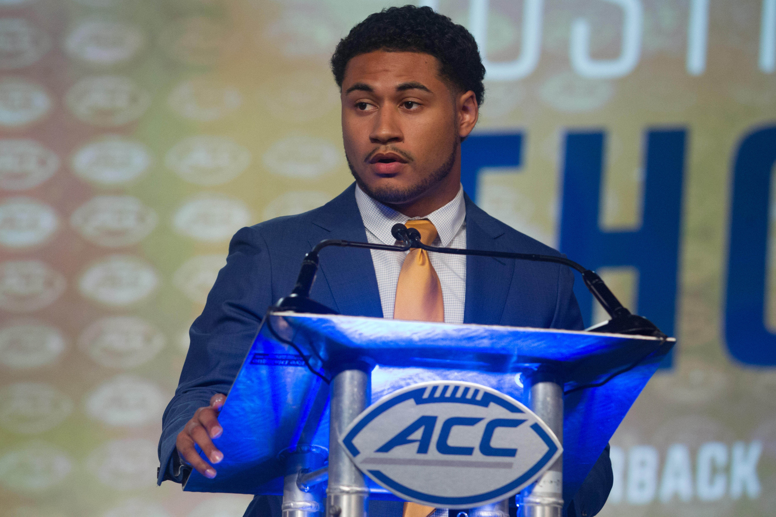 Jul 21, 2016; Charlotte, NC, USA; Georgia Tech Yellow Jackets quarterback Justin Thomas speaks to the media during the ACC Football Kickoff at Westin Charlotte. Credit: Jeremy Brevard-USA TODAY Sports