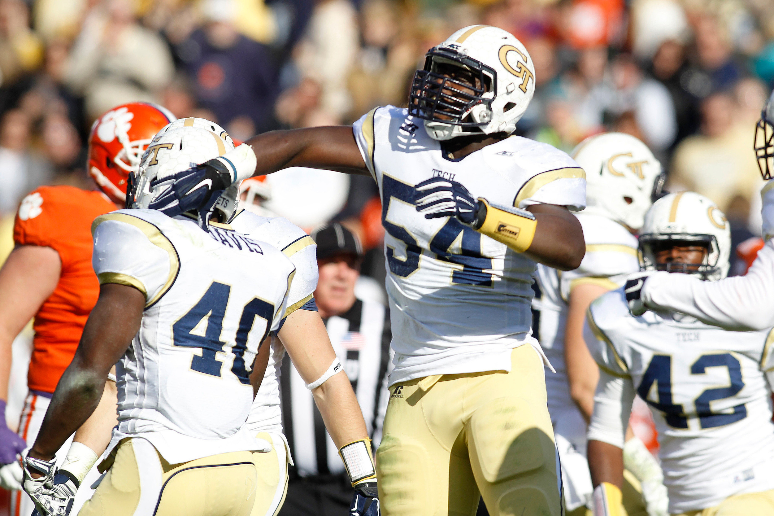 Yellow Jackets linebacker Quayshawn Nealy (54) celebrates a sack. (Brett Davis-USA TODAY Sports)