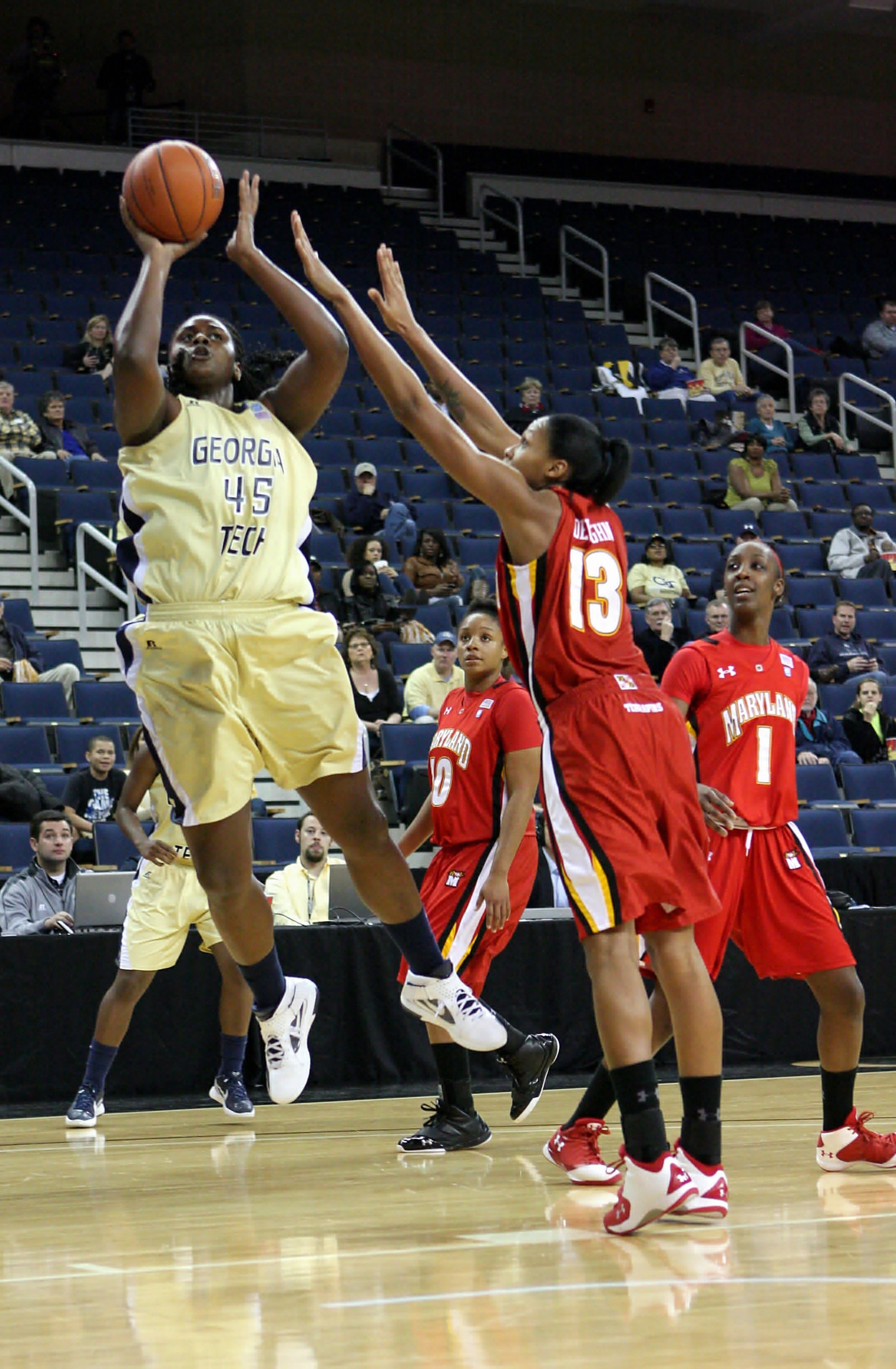 Sasha Goodlett shoots over a Maryland defender.