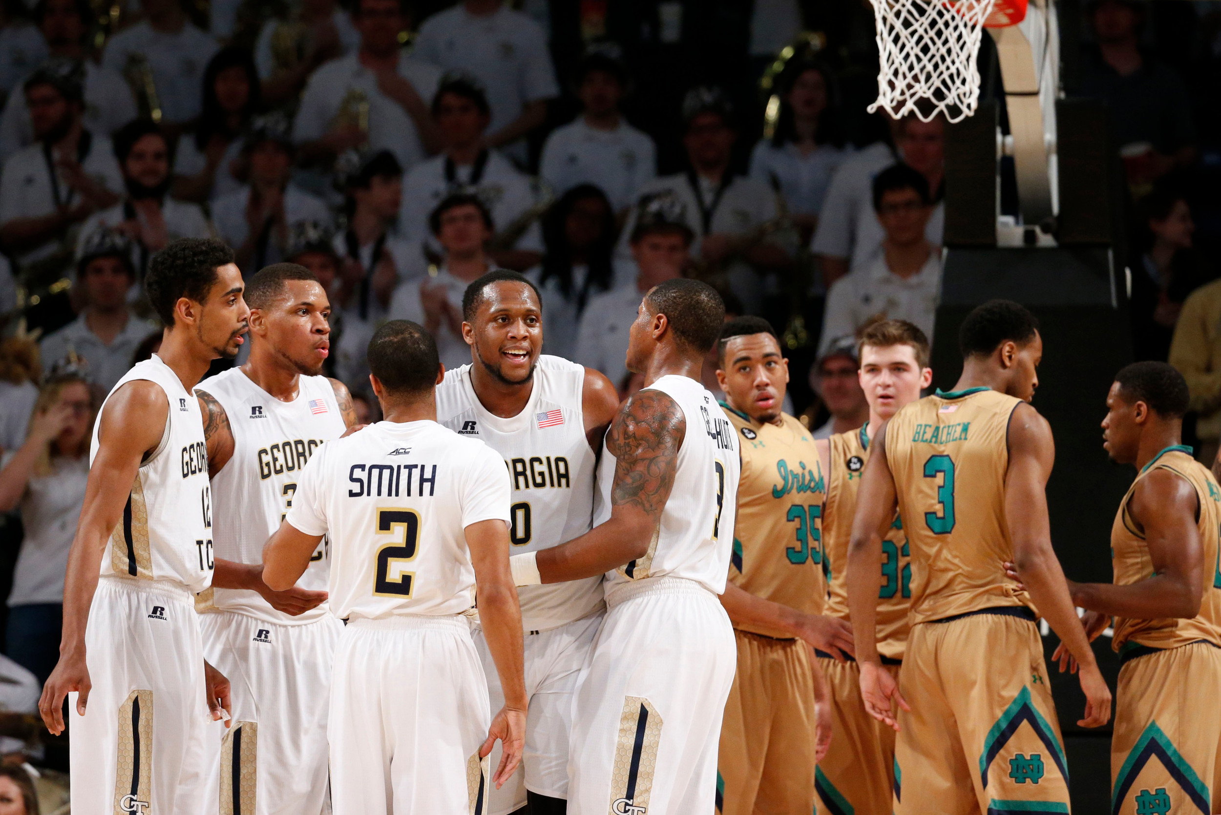 Yellow Jackets forward Charles Mitchell celebrates with teammates after a basket in the first half against the Notre Dame Fighting Irish at McCamish Pavilion. Credit: Jason Getz-USA TODAY Sports