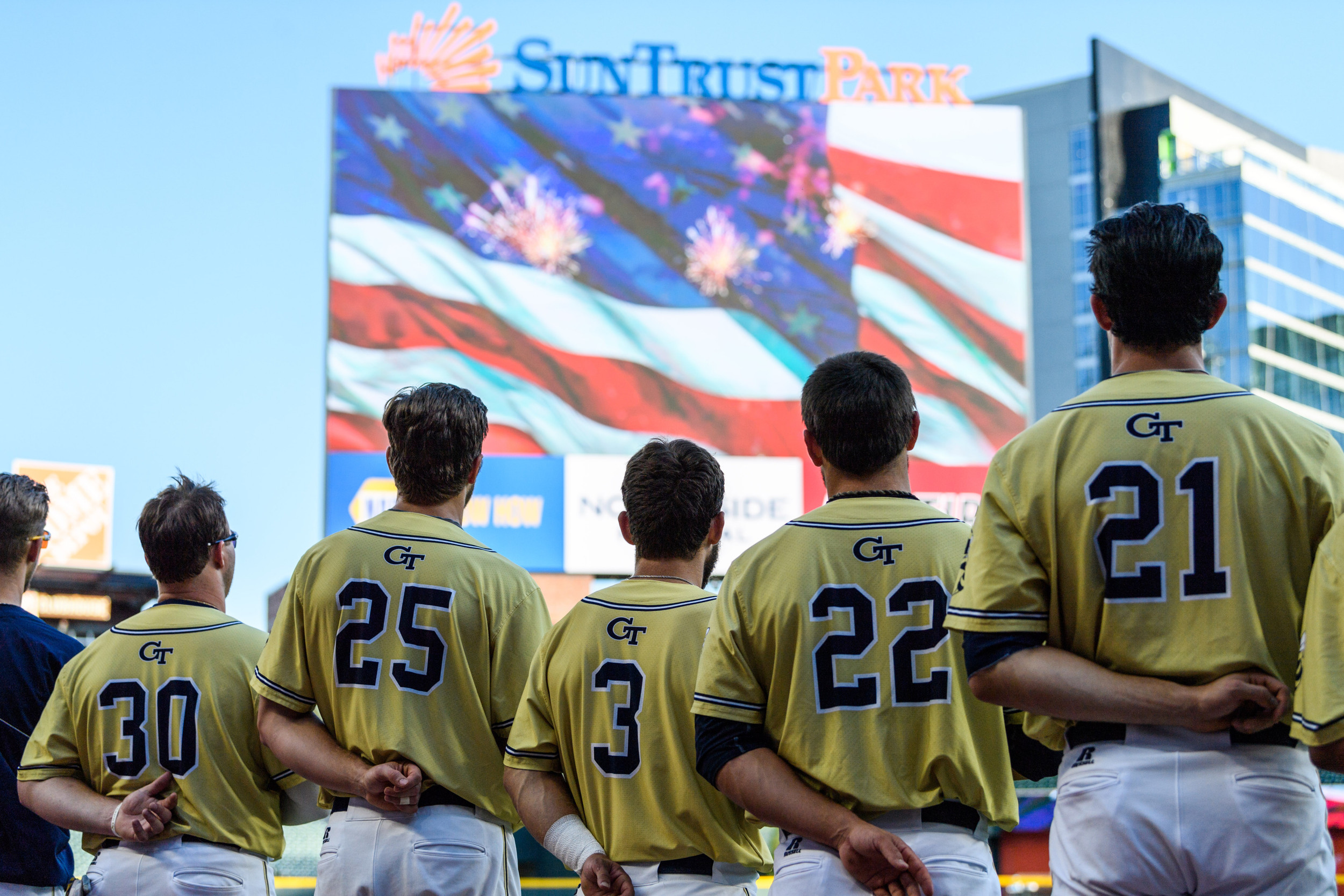Players during the national anthem at Suntrust Park