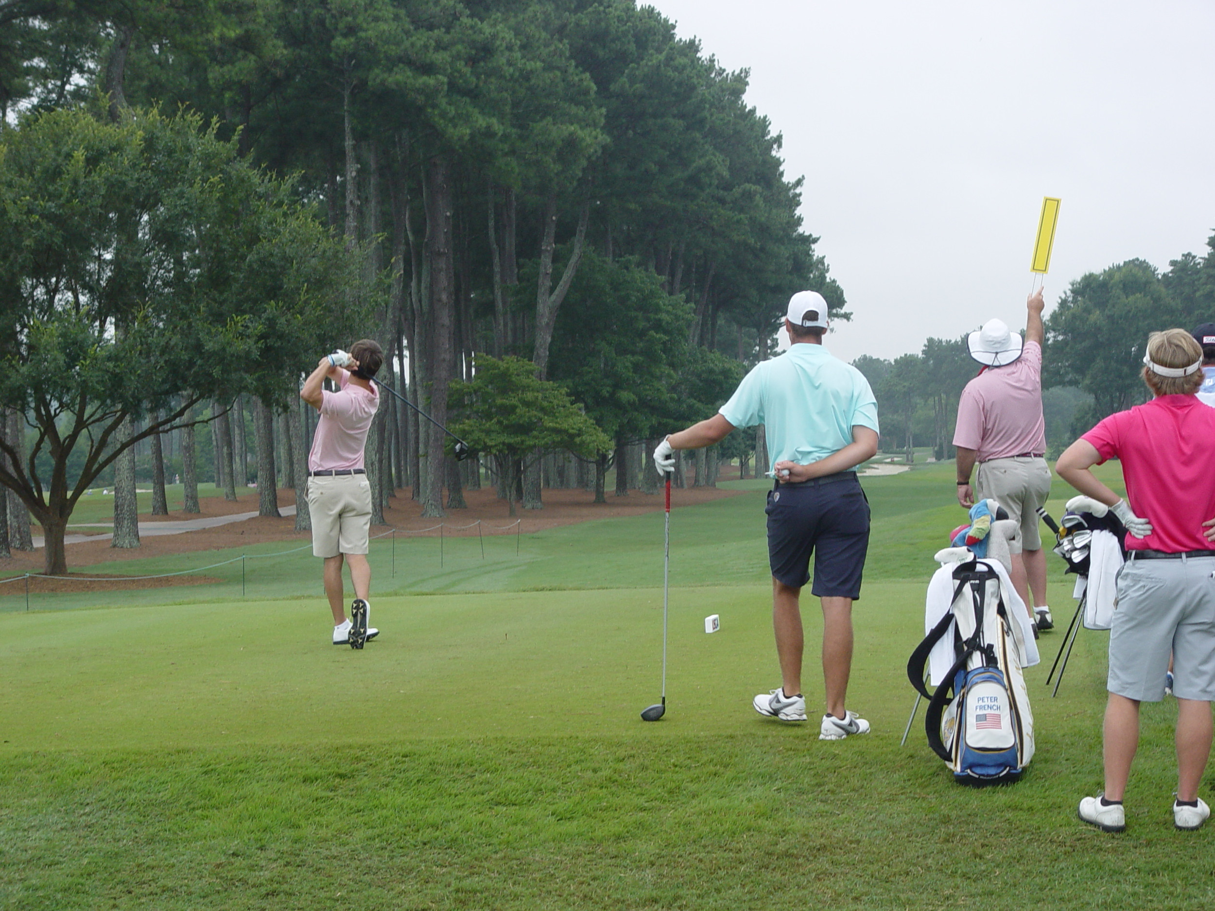 Ollie Schniederjans tees off at No. 1 during the second round of the U.S. Amateur Championship, August 12, 2014, on the Riverside Course at Atlanta Athletic Club.