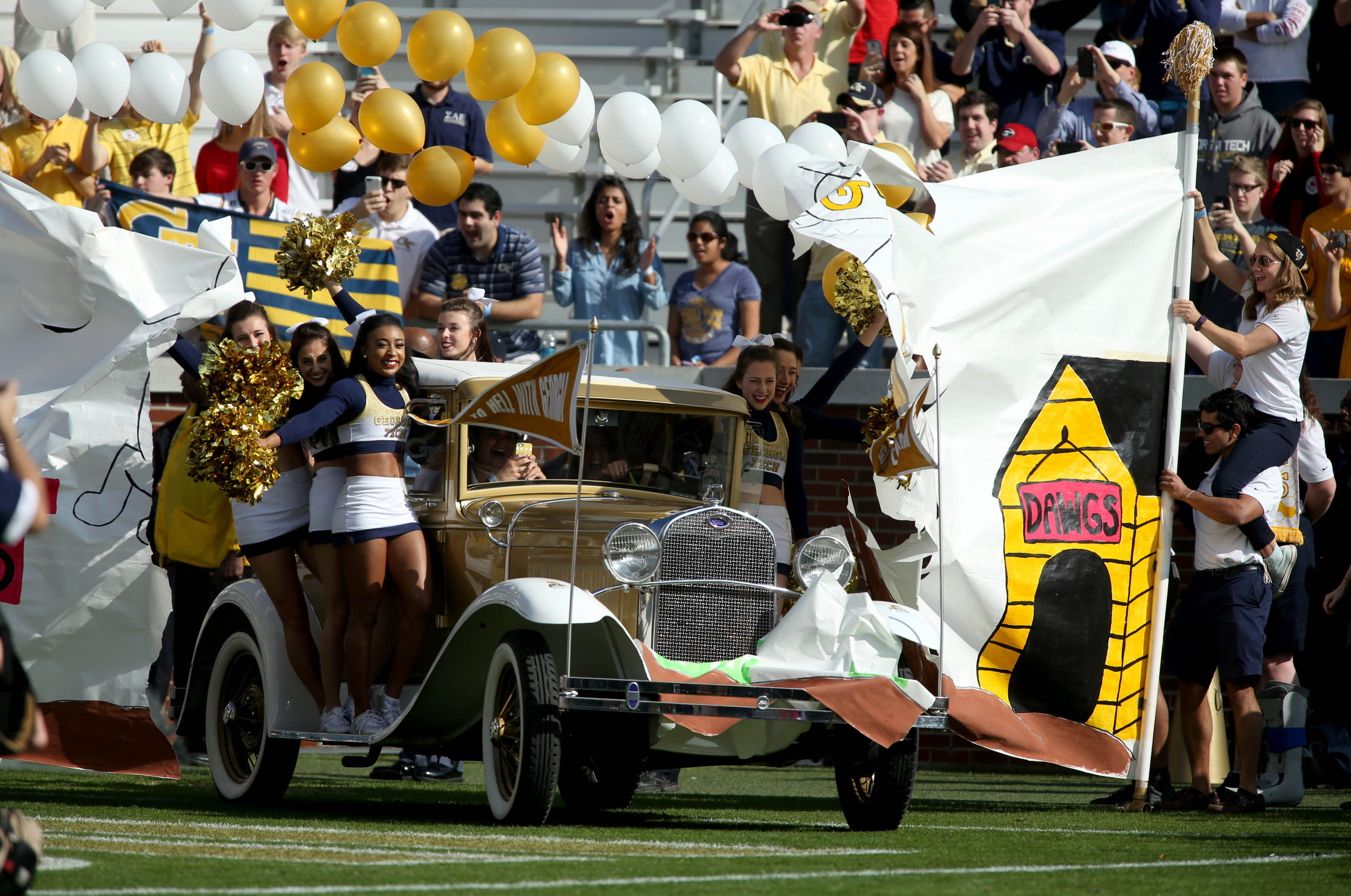 The Georgia Tech Yellow Jackets Ramblin' Wreck comes onto the field before the Yellow Jackets game against the Georgia Bulldogs at Bobby Dodd Stadium. Jason Getz-USA TODAY Sports