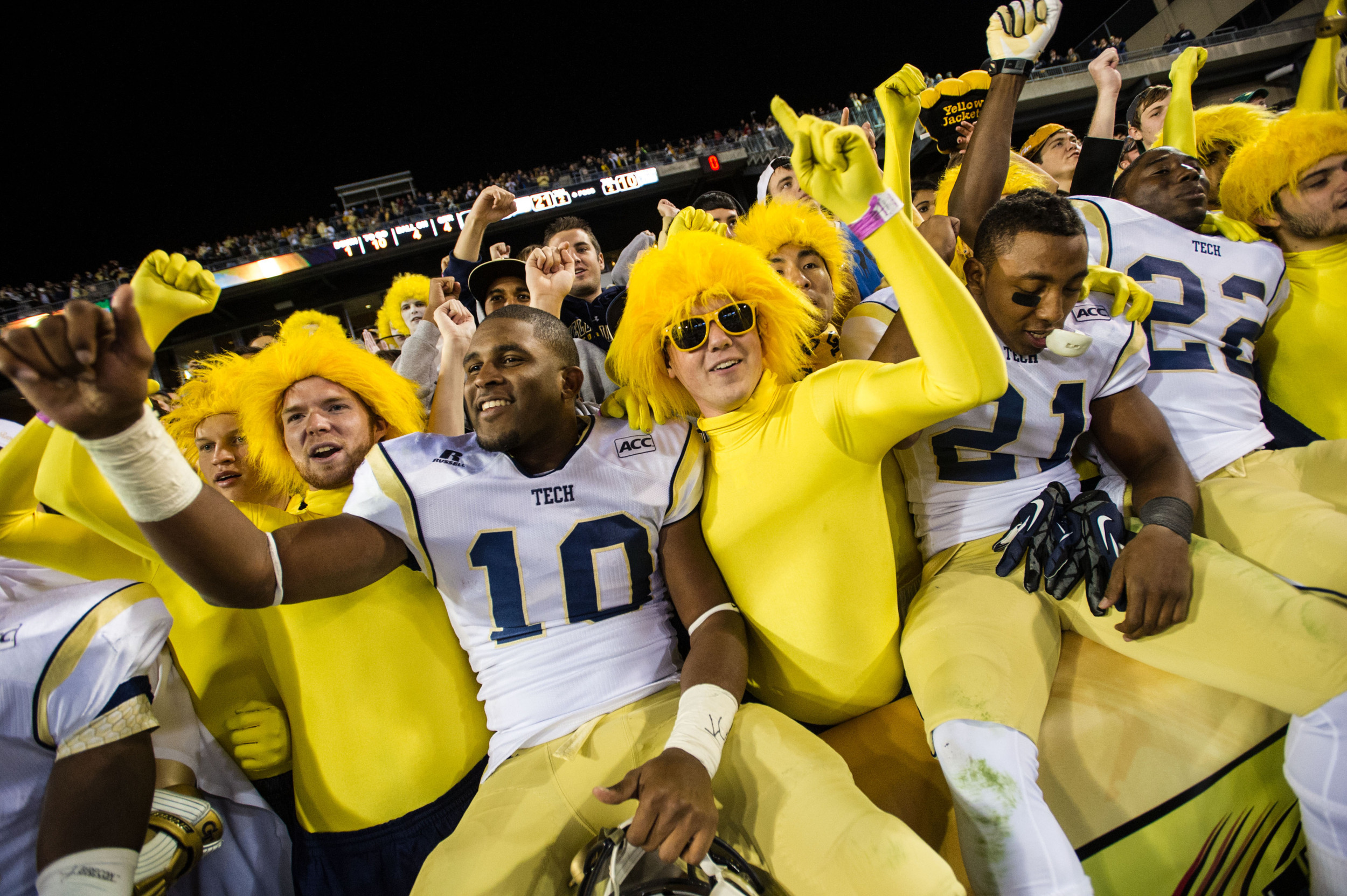 Georgia Tech Yellow Jackets running back Synjyn Days (10) and running back Charles Perkins (21) celebrate the 21-10 win over the Pittsburgh Panthers at Bobby Dodd Stadium. Tech won 21-10. Mandatory Credit: Kevin Liles-USA TODAY Sports