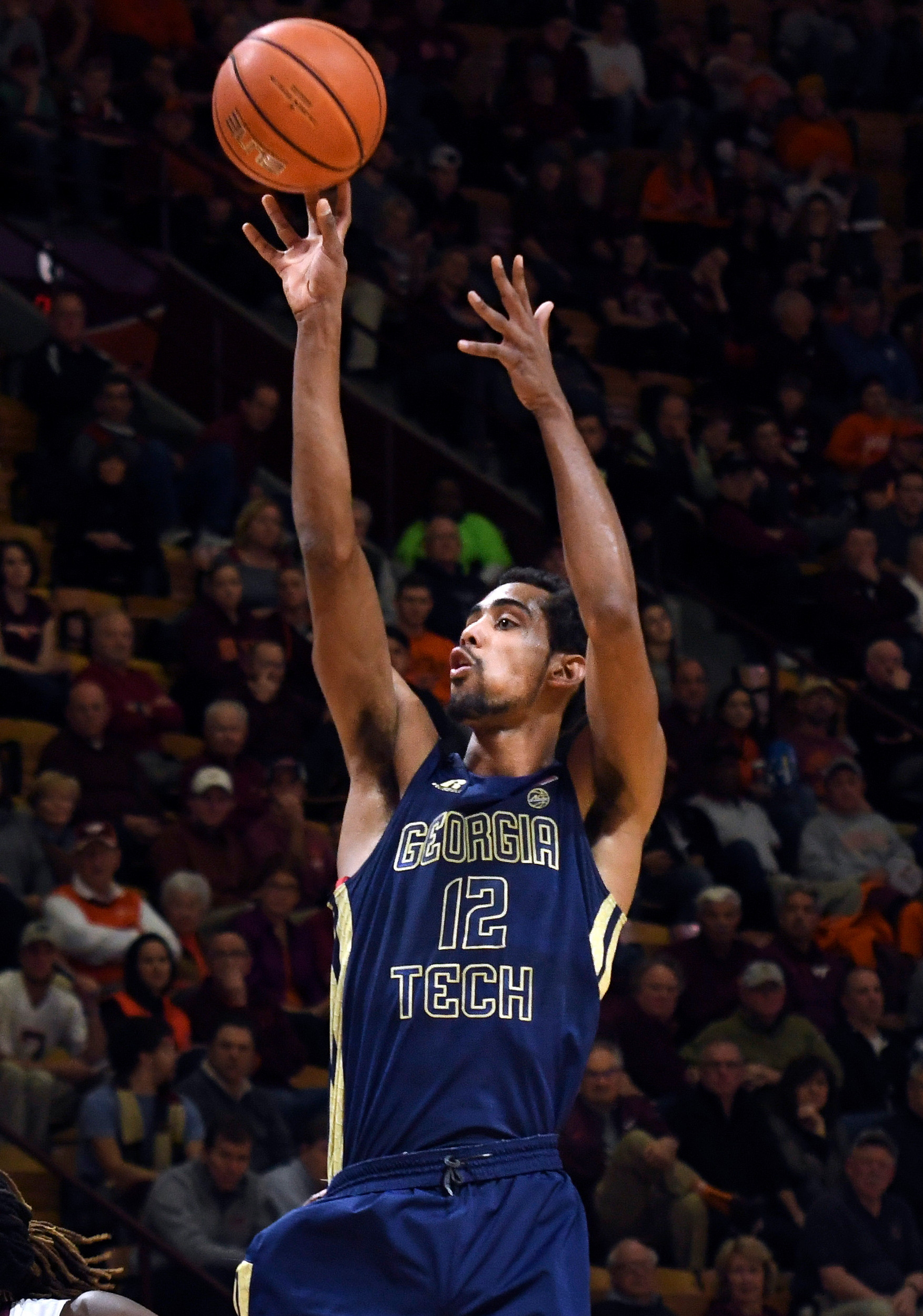 Georgia Tech Yellow Jackets forward Quinton Stephens (12) shoots against the Virginia Tech Hokies in the first half at Cassell Coliseum. Michael Shroyer-USA TODAY Sports