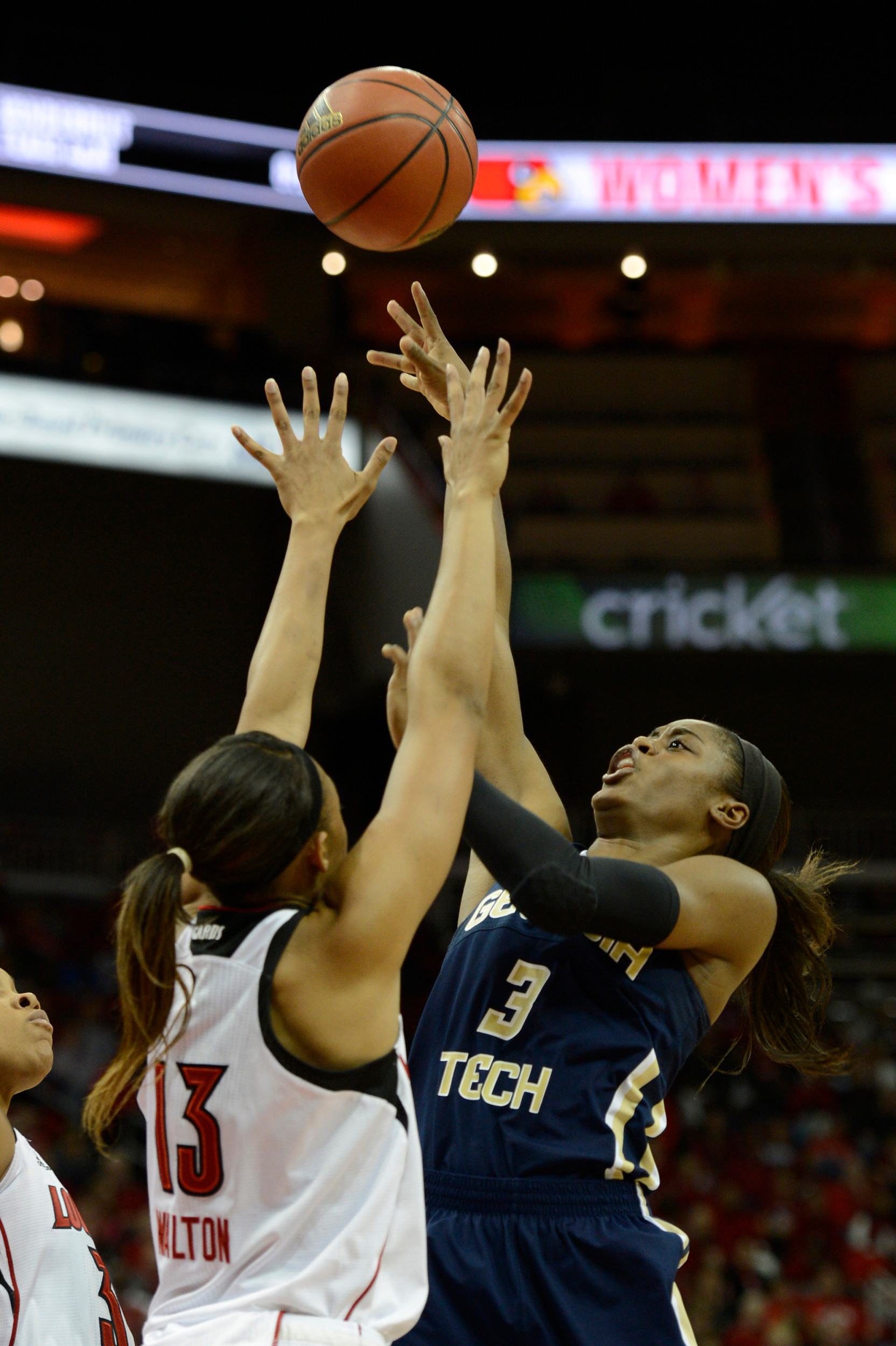 Georgia Tech Yellow Jackets guard Kaela Davis (3) shoots against Louisville Cardinals forward Cortnee Walton (13) during the first half at KFC Yum! Center. Mandatory Credit: Jamie Rhodes-USA TODAY Sports