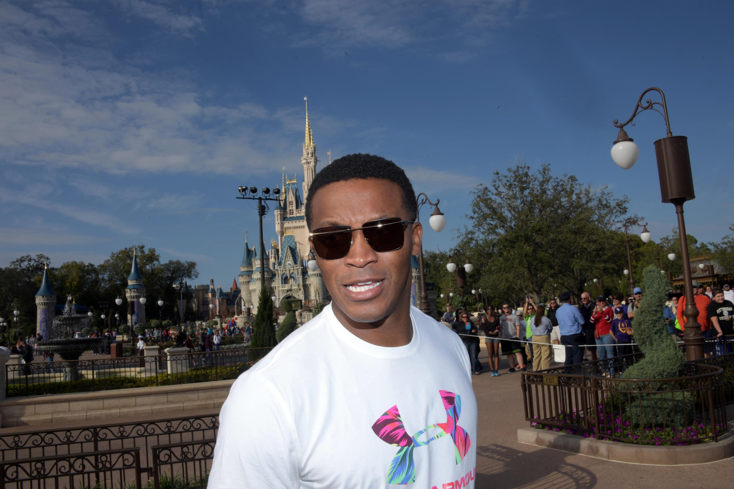 AFC tight end Demaryius Thomas of the Denver Broncos poses in front of the Cinderella Castle during the 2017 Pro Bowl Parade at the Magic Kingdom. (Kirby Lee-USA TODAY Sports)