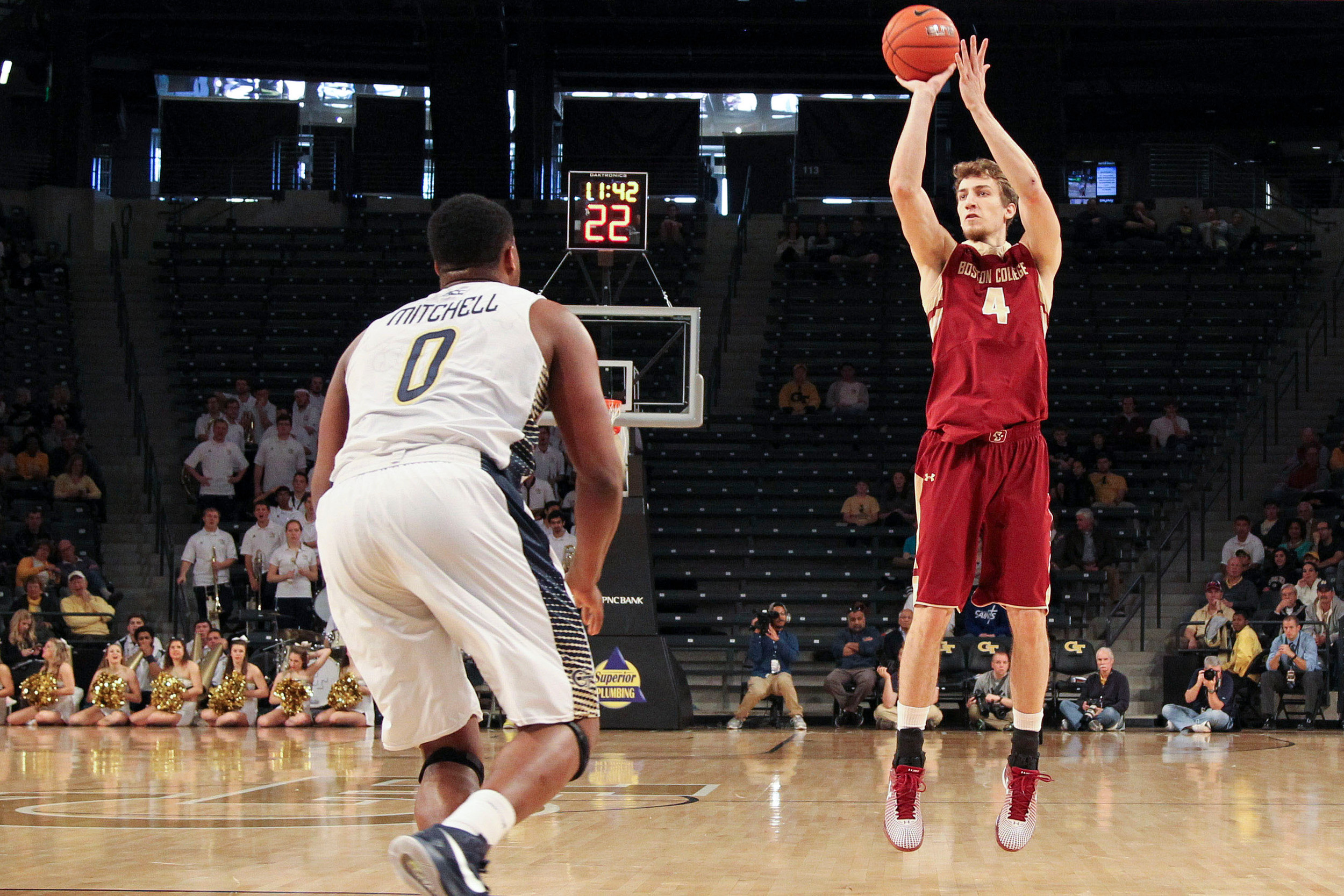 Jan 25, 2015; Atlanta, GA, USA; Boston College Eagles forward Eddie Odio (4) shoots the ball against the Georgia Tech Yellow Jackets in the first half at McCamish Pavilion. Mandatory Credit: Brett Davis-USA TODAY Sports