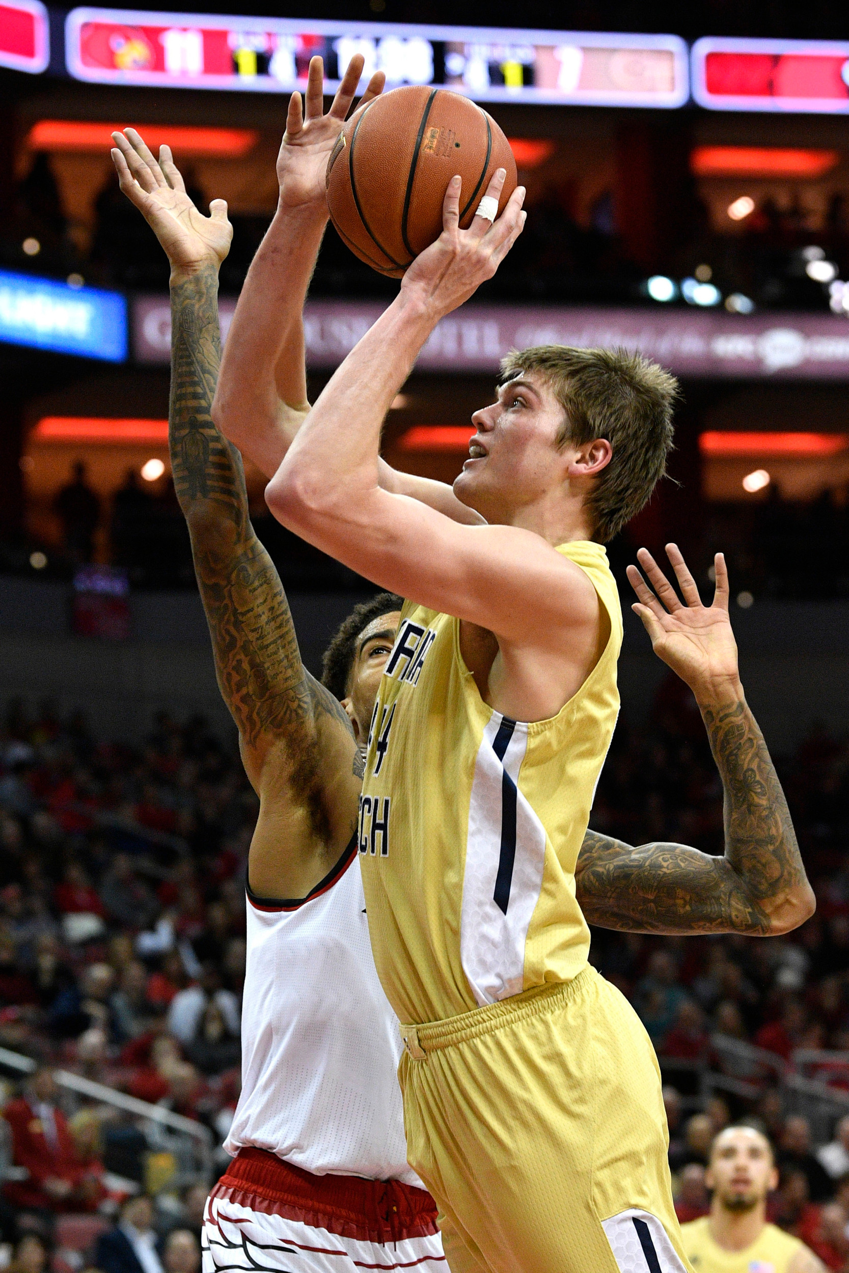 Feb 8, 2018; Louisville, KY, USA; Georgia Tech Yellow Jackets center Ben Lammers (44) shoots the ball. Jamie Rhodes-USA TODAY Sports.