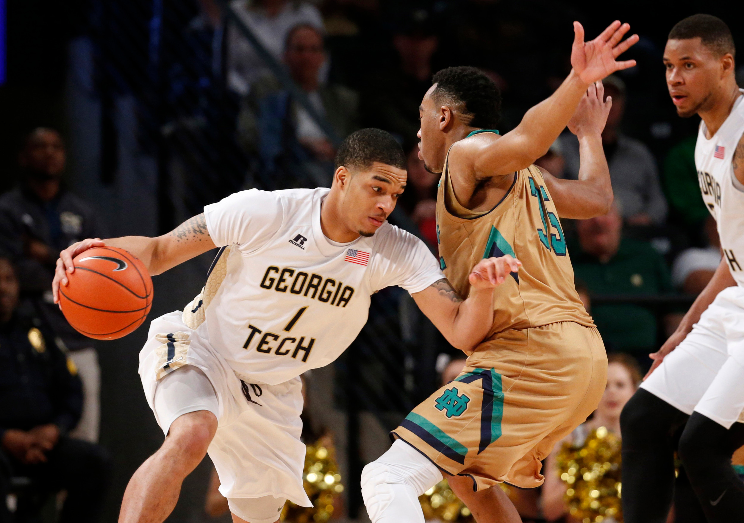 Yellow Jackets guard Tadric Jackson drives against Notre Dame Fighting Irish forward Bonzie Colson in the first half at McCamish Pavilion. Credit: Jason Getz-USA TODAY Sports