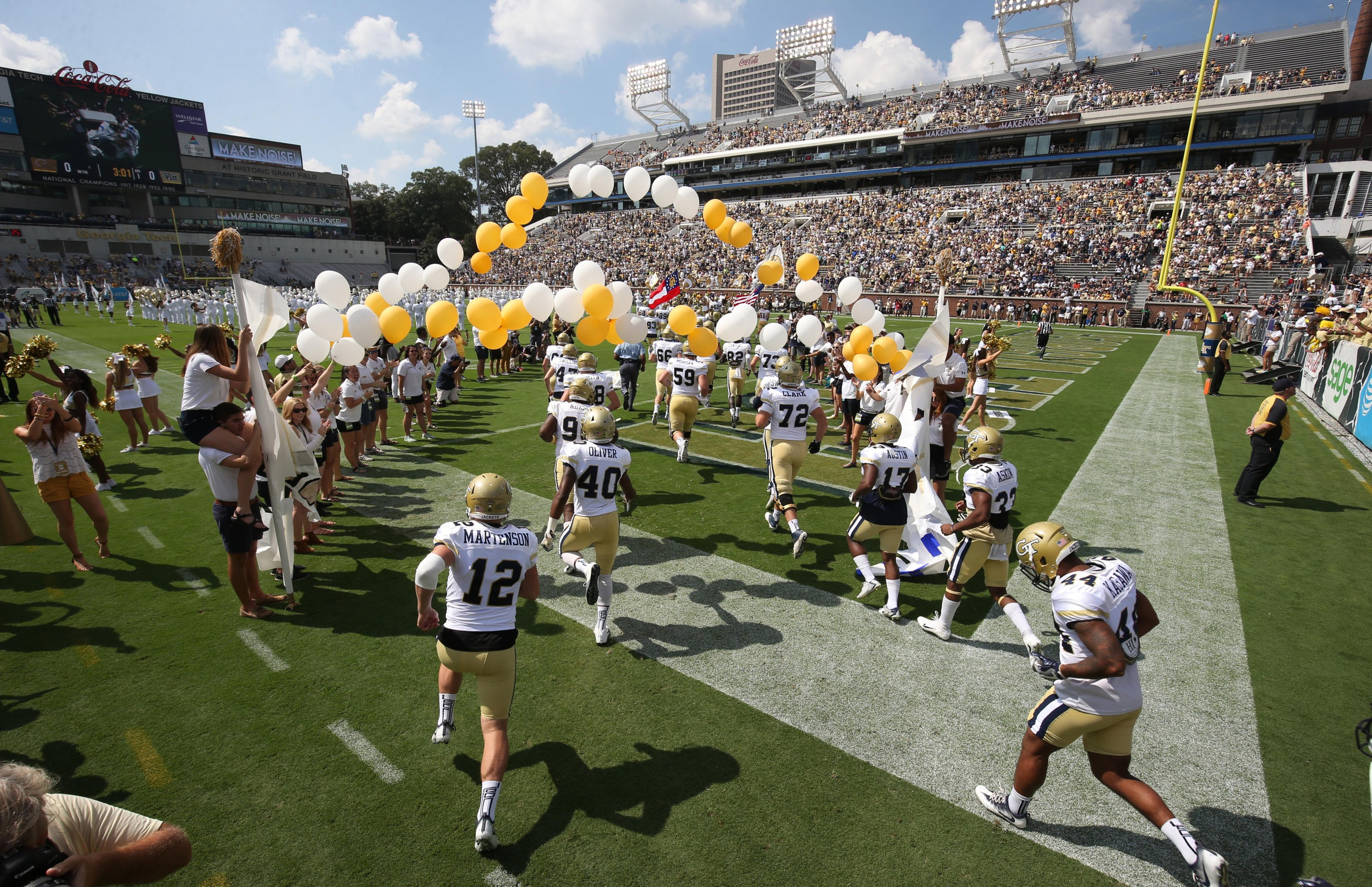 Sep 23, 2017; Atlanta, GA, USA; The Georgia Tech Yellow Jackets runs onto the field before their game against the Pittsburgh Panthers at Bobby Dodd Stadium. Mandatory Credit: Jason Getz-USA TODAY Sports