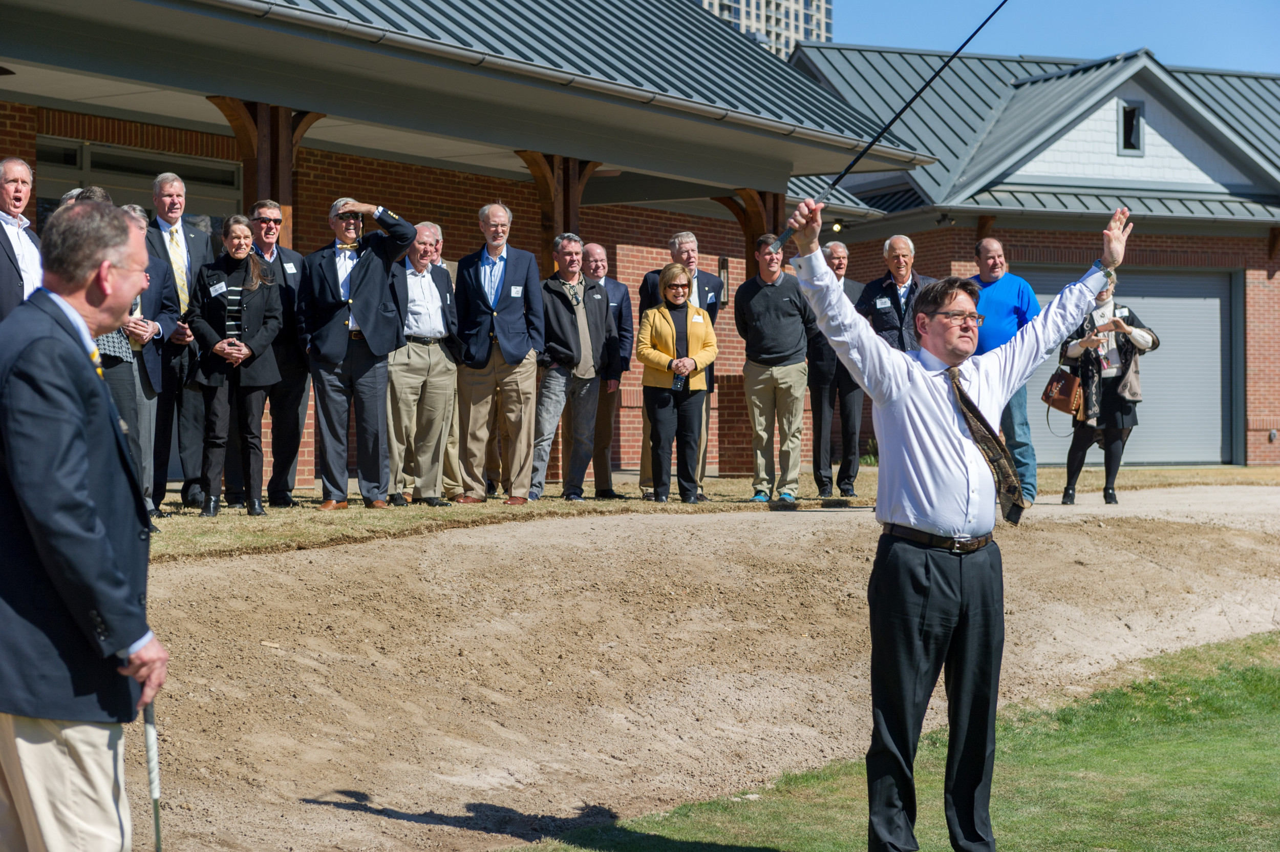 Tom Noonan hitting the cereminial first shot at the Noonan Golf Facility dedication