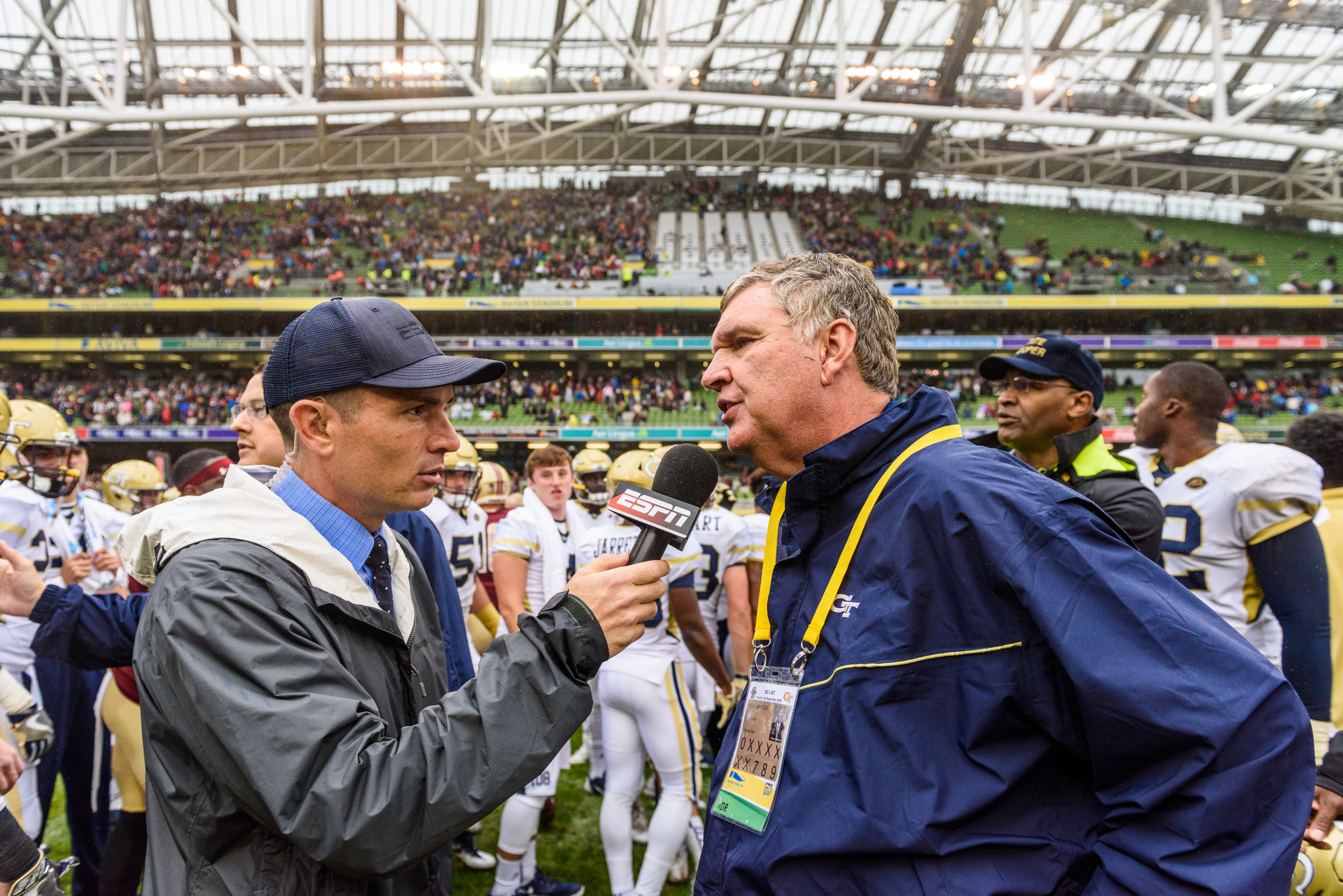 Georgia Tech Coach Paul Johnson talks with ESPN after an NCAA football game, Saturday, Sept. 3, 2016, in Dublin, Ireland. (Danny Karnik/Georgia Tech via AP)