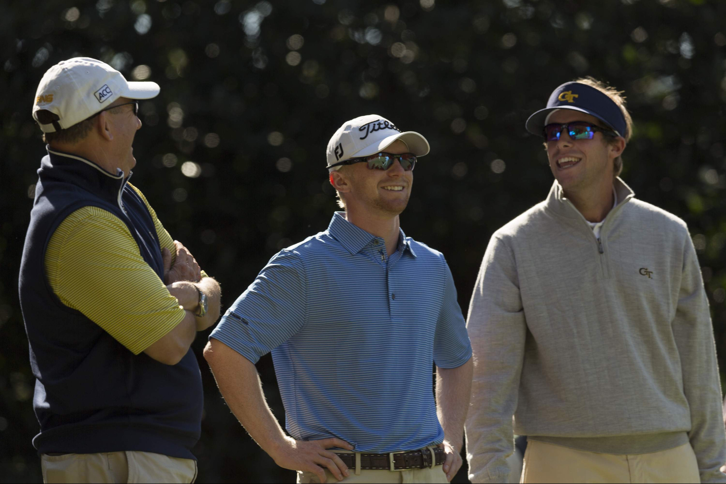 Head coach Bruce Heppler with former Tech players Anders Albertson and Bo Andrews during the first round of the United States Collegiate Championship at the Golf Club of Georgia, October 16, 2015