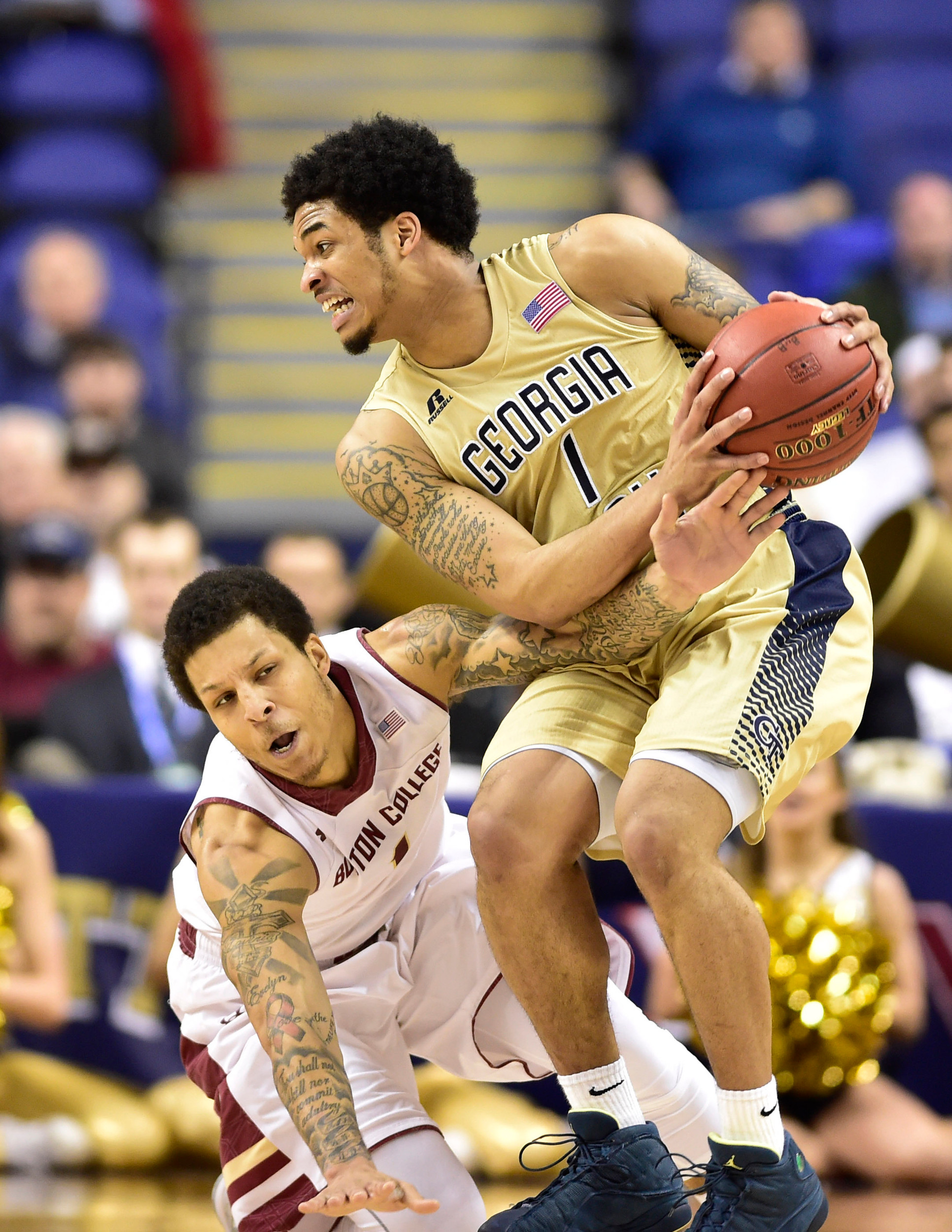 Georgia Tech Yellow Jackets guard Tadric Jackson (1) with the ball as Boston College Eagles guard Dimitri Batten (1) defends in the second half. The Eagles defeated the Yellow Jackets 66-65 in the first round of the ACC Tournament at Greensboro Coliseum. Mandatory Credit: Bob Donnan-USA TODAY Sports