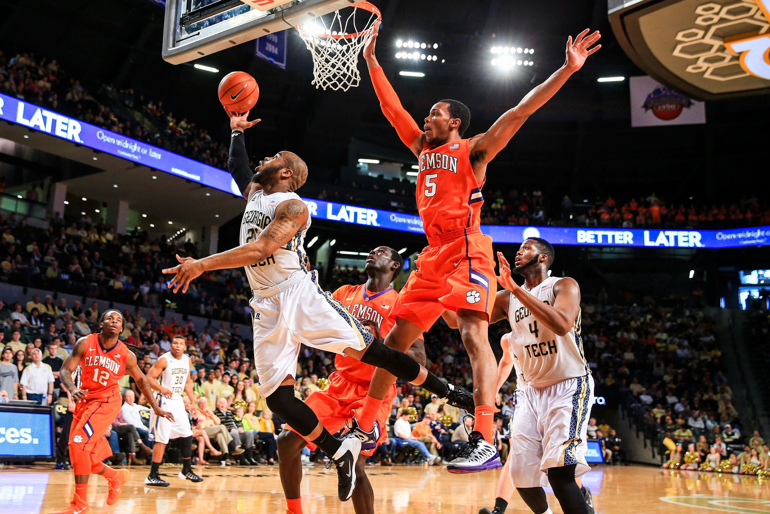 Feb 22, 2014; Atlanta, GA, USA; Yellow Jackets guard Trae Golden (23) shoots a basket past Clemson Tigers forward Jaron Blossomgame (5) in the second half. Daniel Shirey-USA TODAY Sports