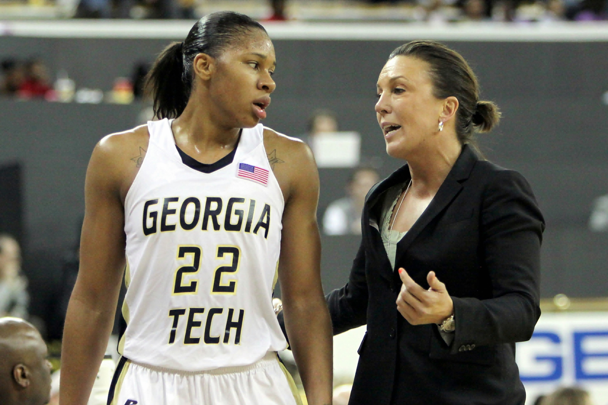 Senior Alex Montgomery and head coach MaChelle Joseph talk during the Maryland game.