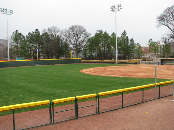 A view of the Georgia Tech bullpen down the left-field line.