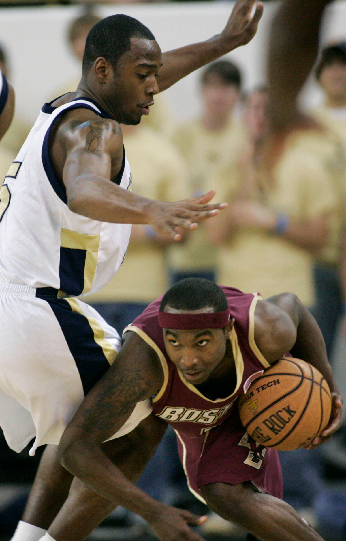 Boston College guard Tyrese Rice, right, tries to get under and around the pressure by Georgia Tech guard Mario West during the second half of basketball, Sunday March 4, 2007, in Atlanta. Georgia Tech won 74-60. (AP Photo/John Amis)
