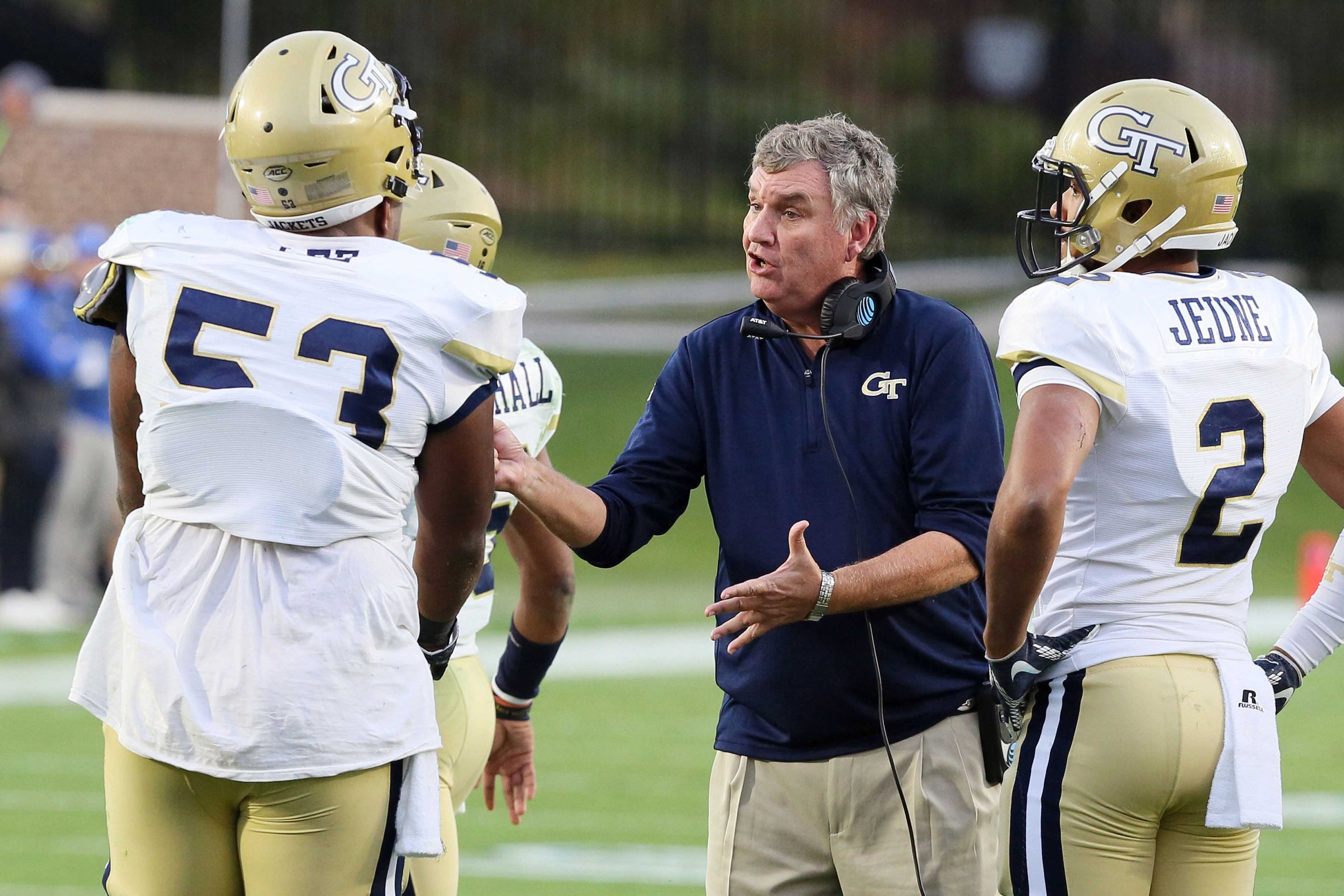 Nov 18, 2017; Durham, NC, USA; Georgia Tech Yellow Jackets head coach Paul Johnson talks to his players during a timeout in the first half against the Duke Blue Devils at Wallace Wade Stadium. Mandatory Credit: Mark Dolejs-USA TODAY Sports