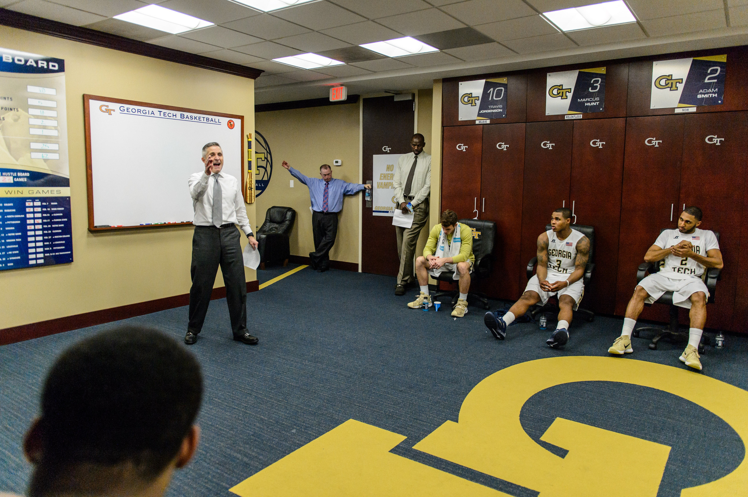 Coach Gregory talks to the team after the win