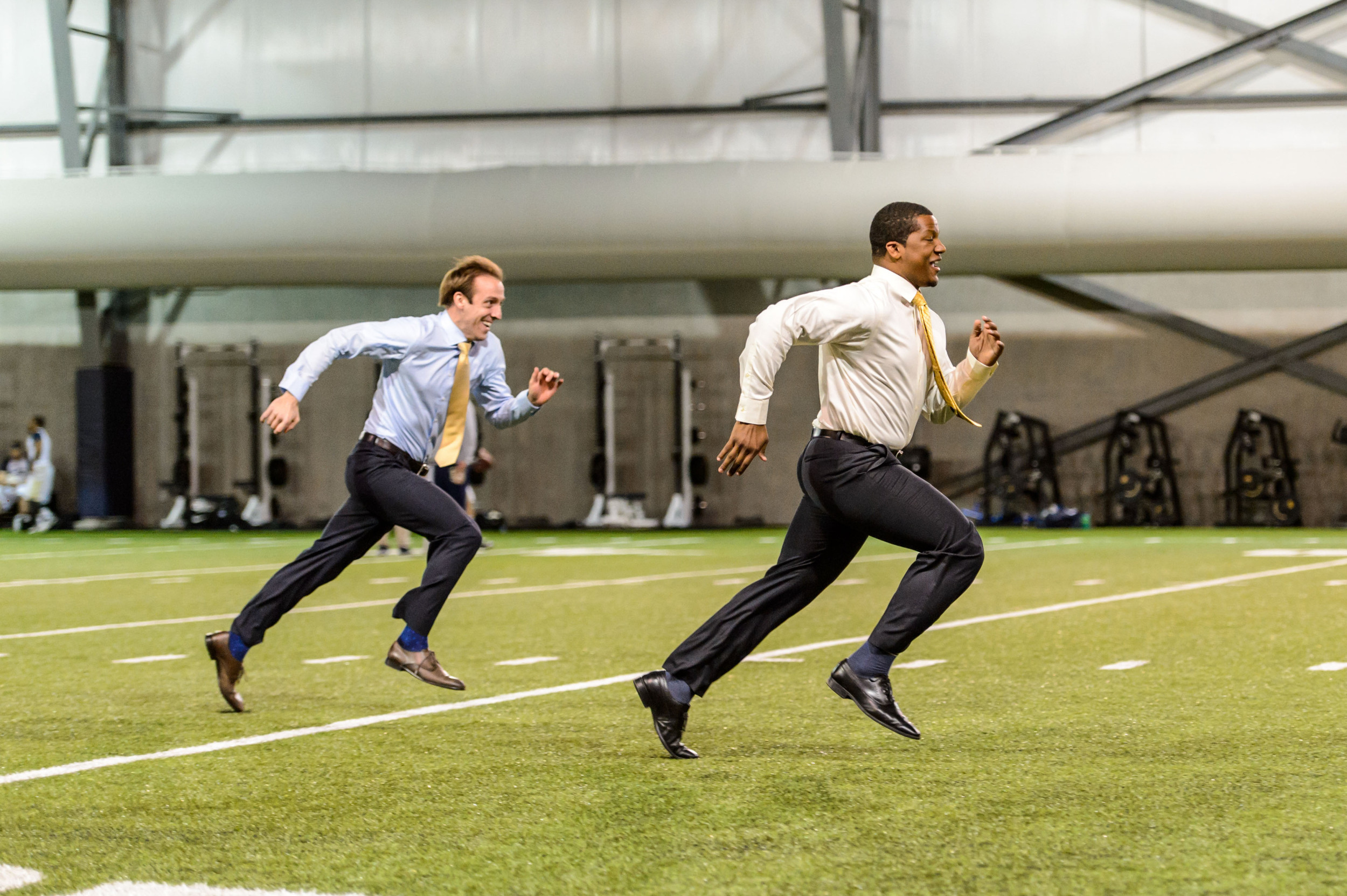 Roddy Jones and Brandon Gaudin race in the 40-yard dash after the broadcast. Roddy easily won the first race.