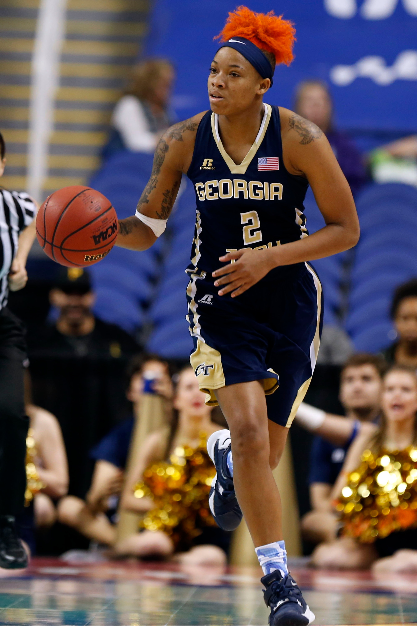 Yellow Jackets guard/forward Aaliyah Whiteside brings the ball upcourt against the Louisville Cardinals during the first half in the ACC Conference Tournament at Greensboro Coliseum Complex. Credit: Jim Dedmon-USA TODAY Sports