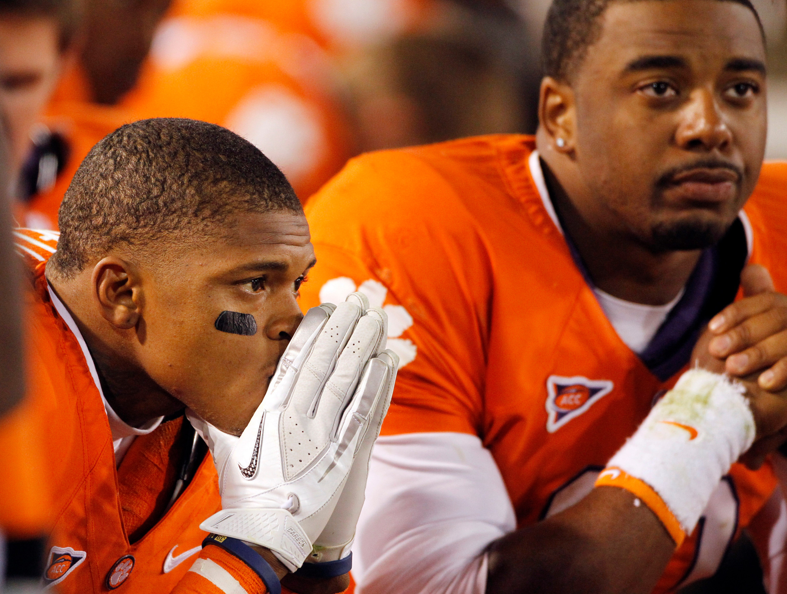 Clemson running back Mike Bellamy, left, and quarterback Tajh Boyd sit on the bench in the final moments of their 31-17 loss to Georgia Tech. (AP Photo/John Bazemore)