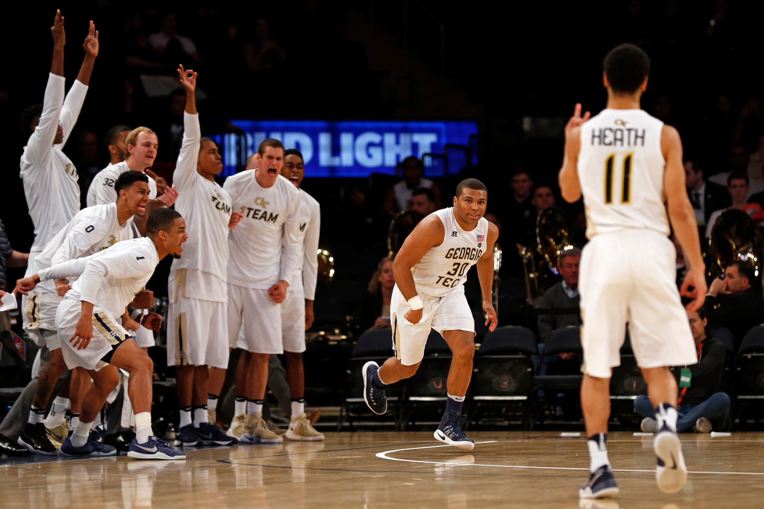 Guard Corey Heyward reacts after hitting a three-point shot in front of his bench against the Cal State Bakersfield Roadrunners during the second half in the semifinals of the 2017 NIT Tournament at Madison Square Garden. Credit: Adam Hunger-USA TODAY Sports