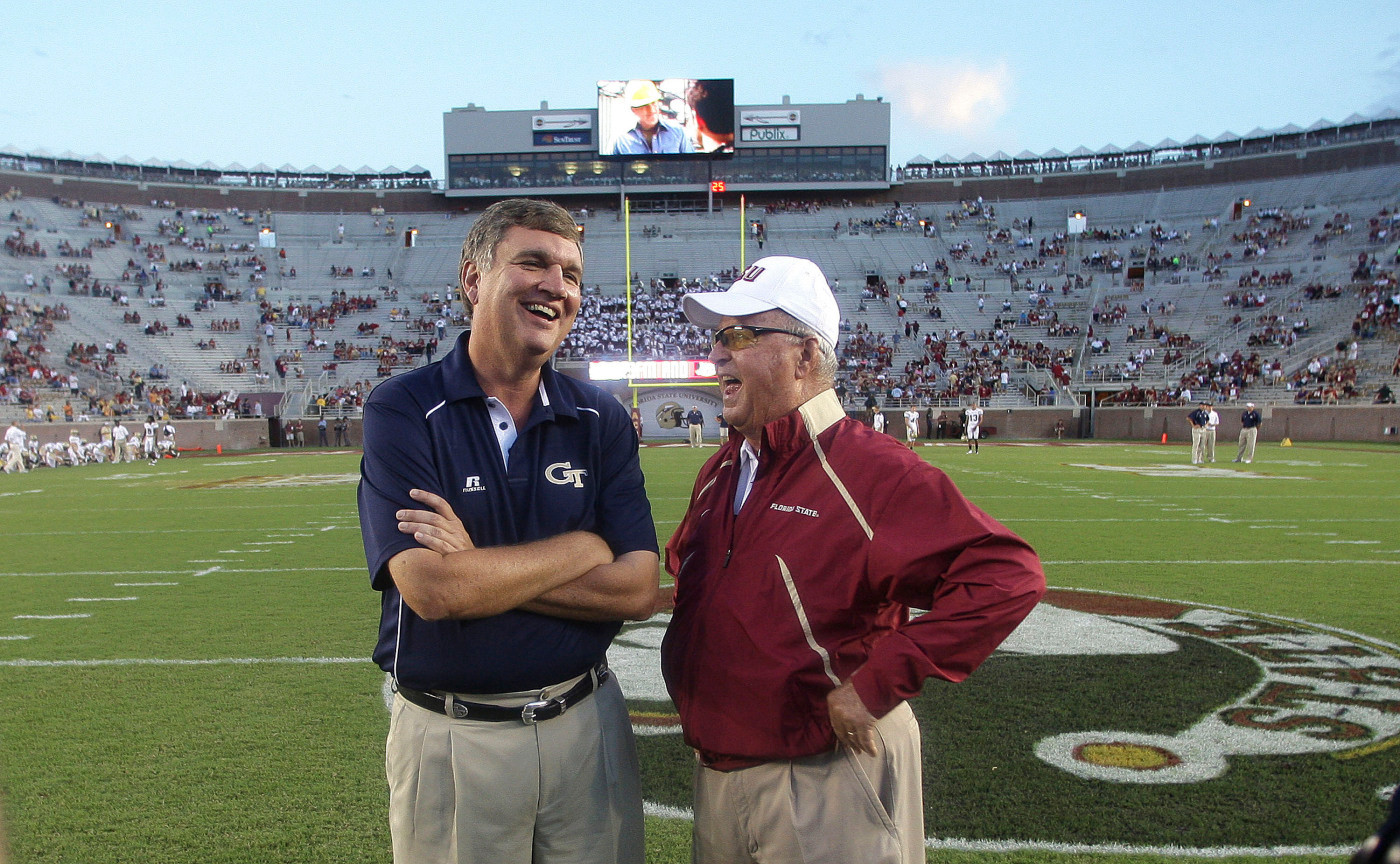 Florida State University head coach Bobby Bowden, right, and Georgia Tech head coach Paul Johnson share a moment prior to their NCAA college football game, Saturday, Oct. 10, 2009, in Tallahassee, Fla.