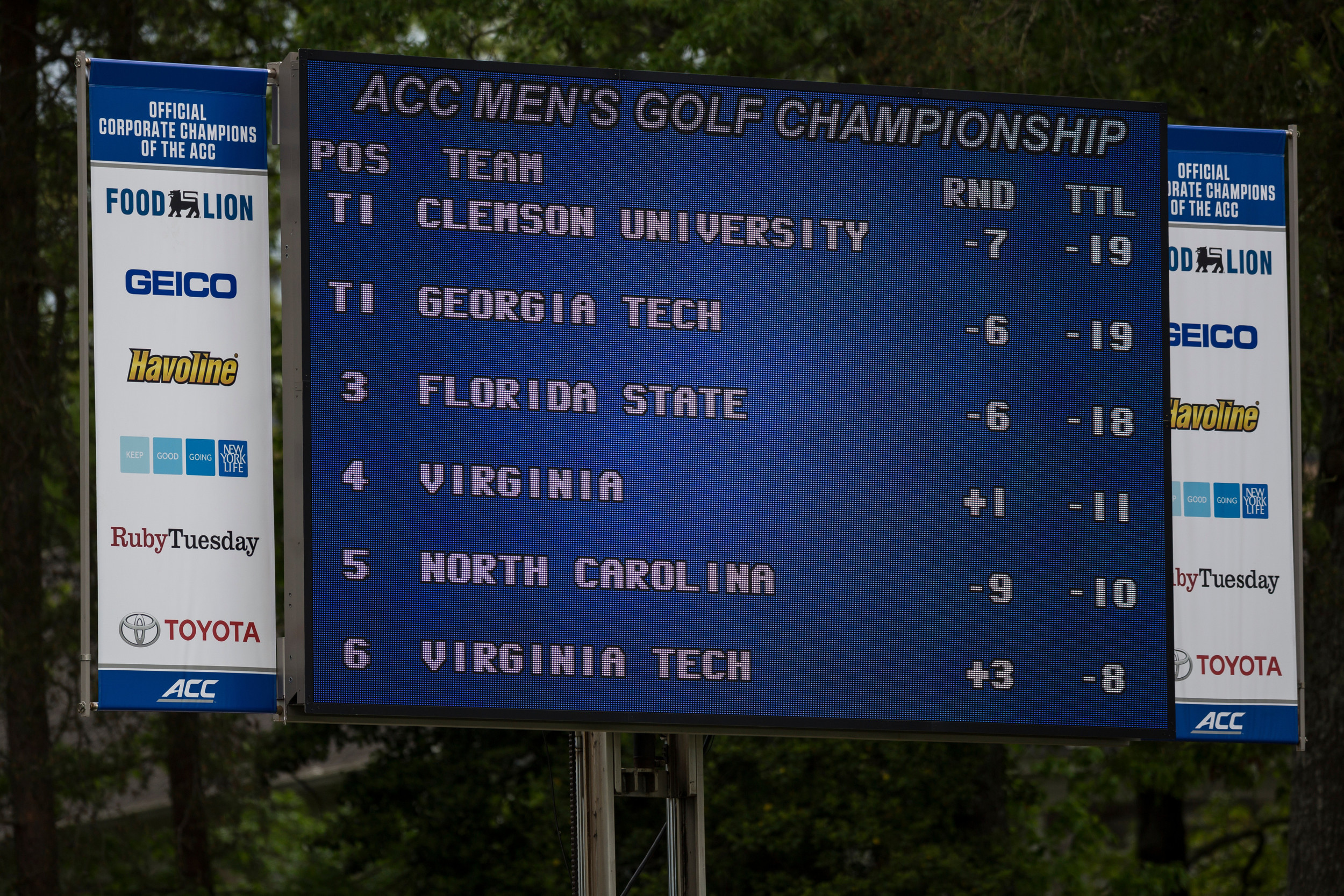 The leaderbpard tells the score of the 2015 ACC Golf Championship, April 26, 2015, Old North State Club, New London, N.C.