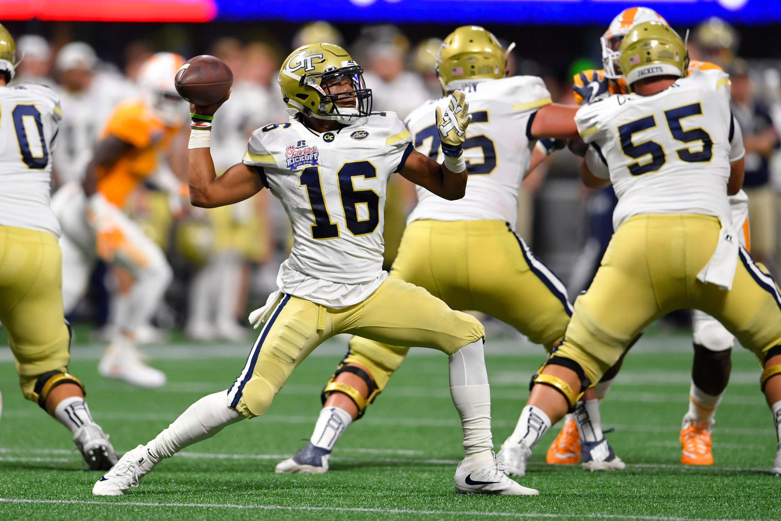 Sep 4, 2017; Atlanta, GA, USA; Georgia Tech Yellow Jackets quarterback TaQuon Marshall (16) drops back to pass against the Tennessee Volunteers during the second quarter at Mercedes-Benz Stadium. Mandatory Credit: Dale Zanine-USA TODAY Sports