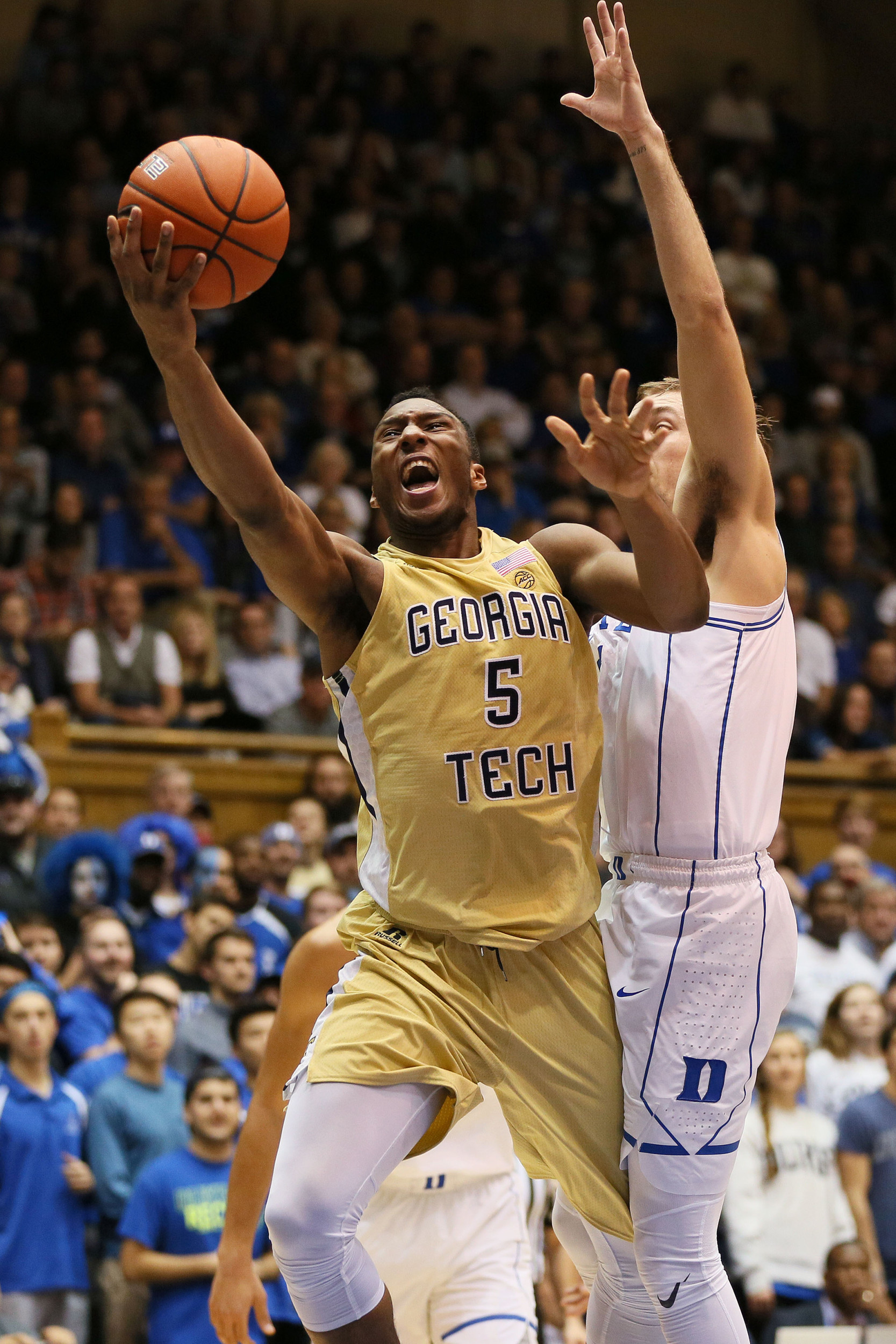 Jan 4, 2017; Josh Okogie (5) drives past Duke Blue Devils guard Luke Kennard (5) in the first half of their game at Cameron Indoor Stadium. Credit: Mark Dolejs-USA TODAY Sports
