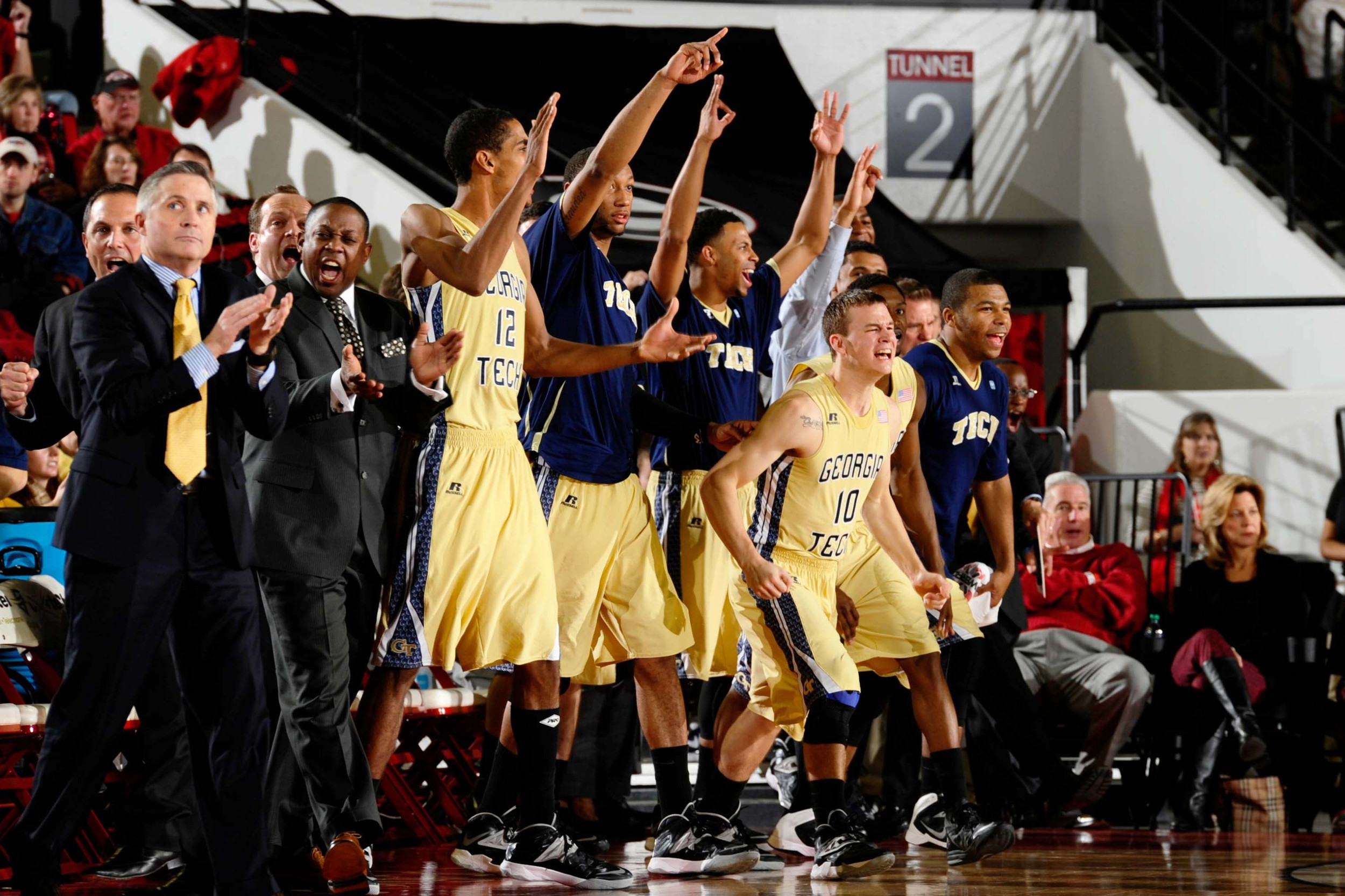 Yellow Jackets bench reacts to the action during the second half. Dale Zanine-USA TODAY Sports