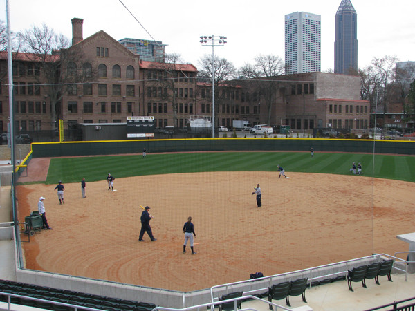 Softball team practices in its new stadium for the first time.