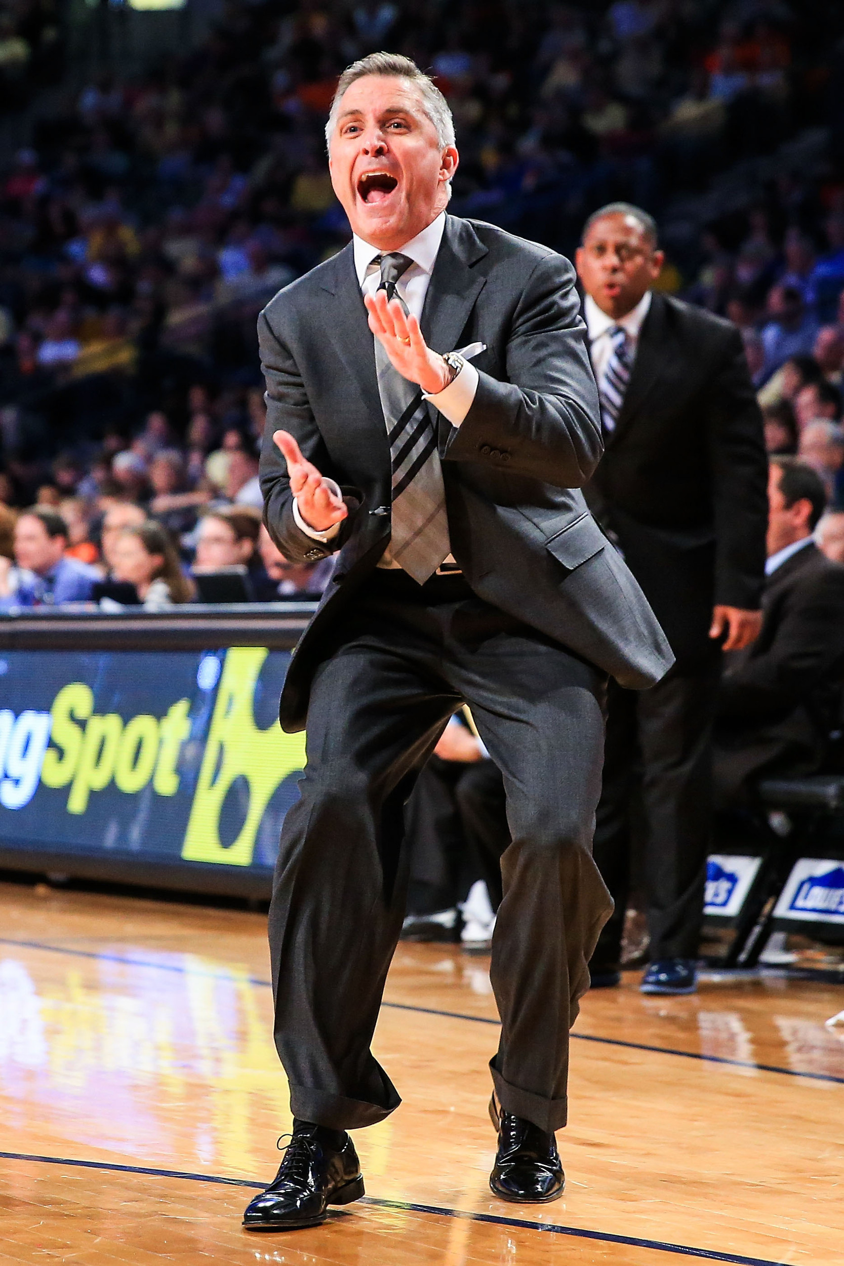 Feb 22, 2014; Atlanta, GA, USA; Yellow Jackets head coach Brian Gregory calls for a time out in the second half. Daniel Shirey-USA TODAY Sports