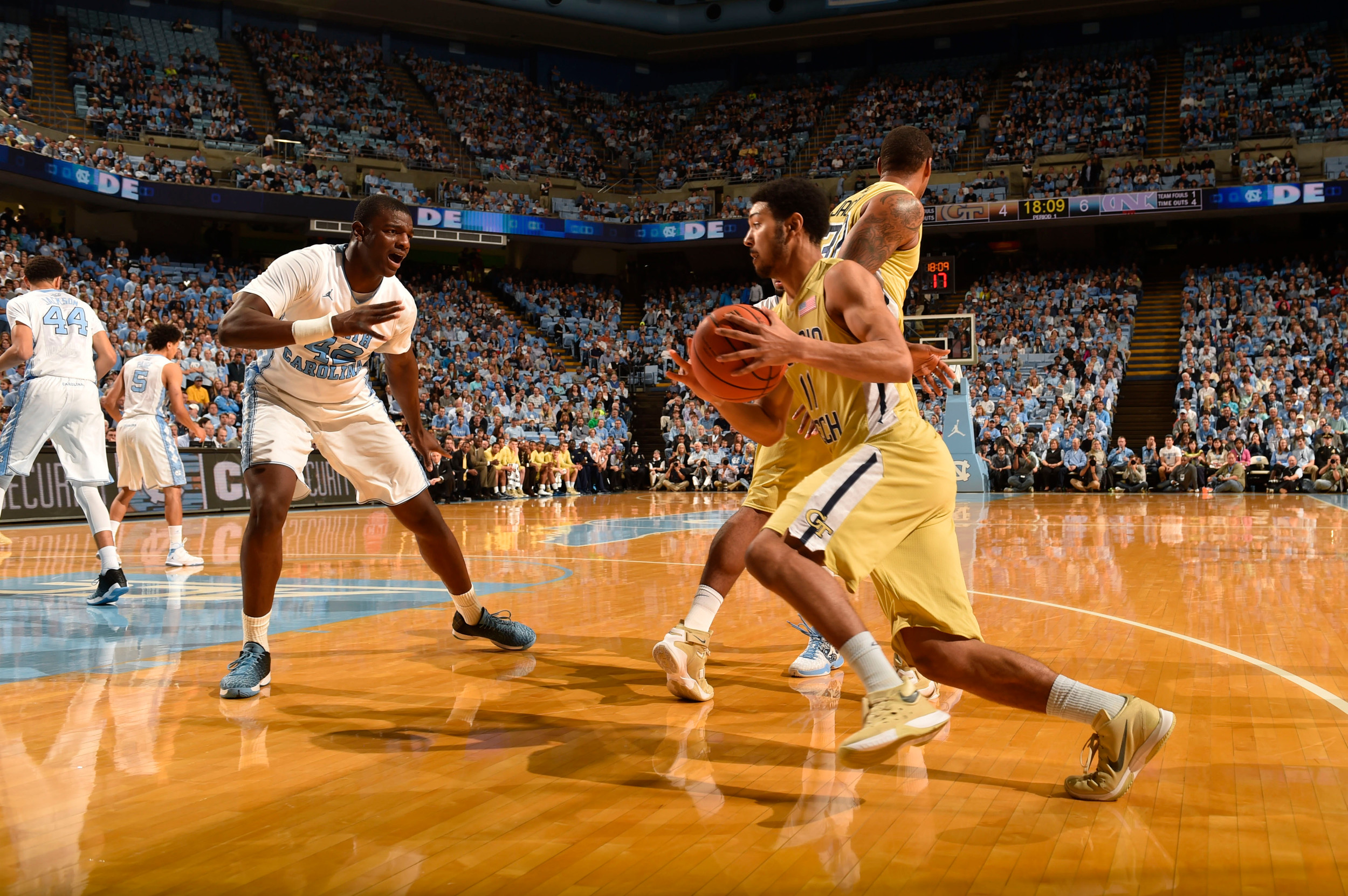 Yellow Jackets guard Josh Heath (11) drives as North Carolina Tar Heels forward Joel James (42) Bob Donnan-USA TODAY Sports