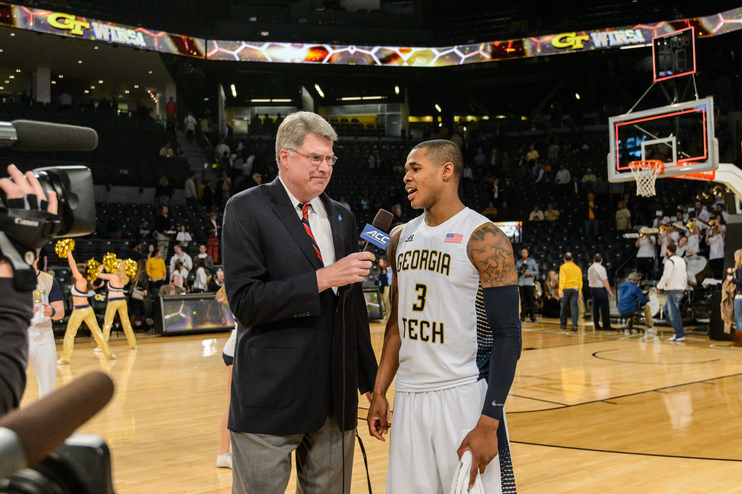 Marcus Georges-Hunt (3) talks with Mike Gminski of the ACC Network after the win